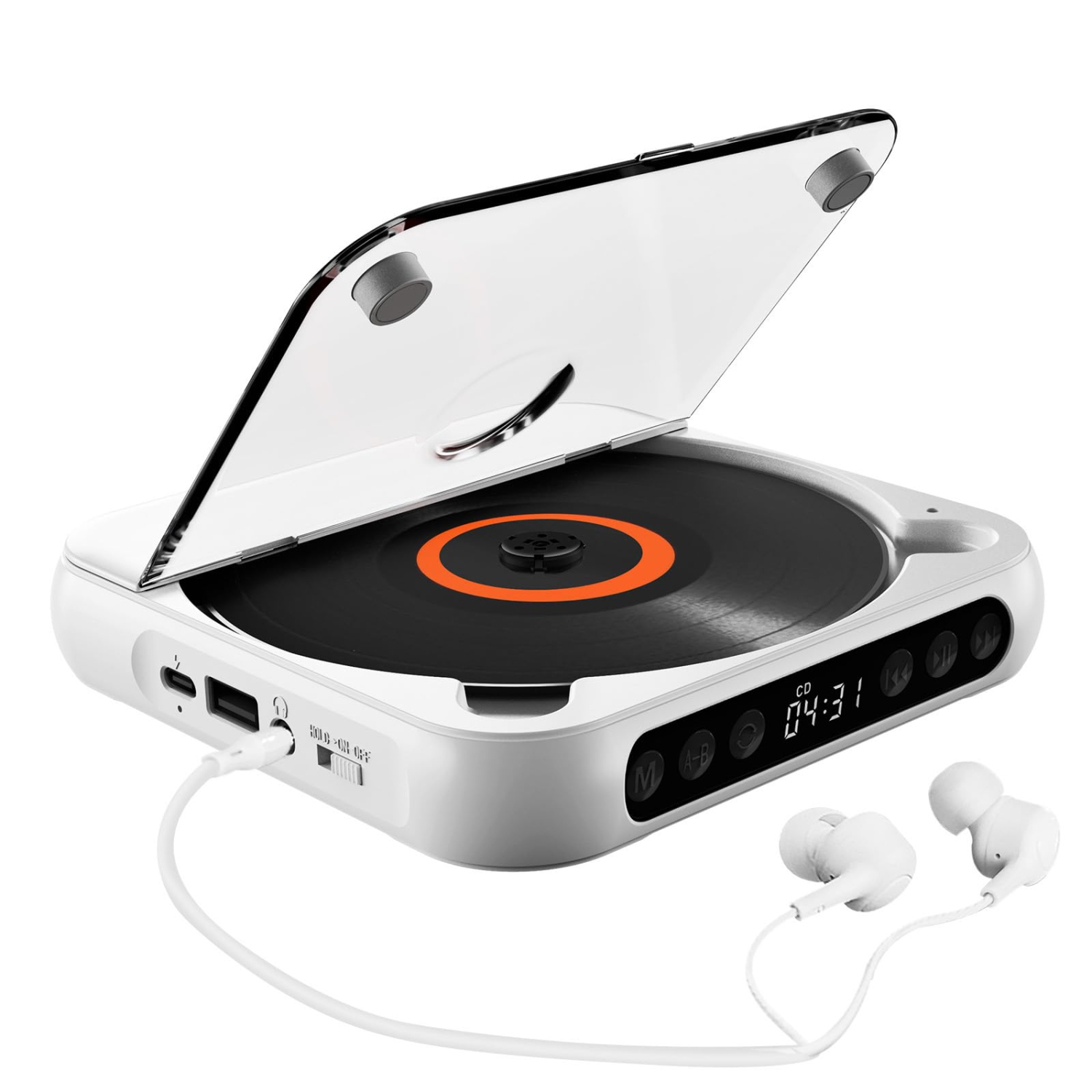 CD player portable bluetooth music player with dust cover, earphones, suitable for home and trave-White