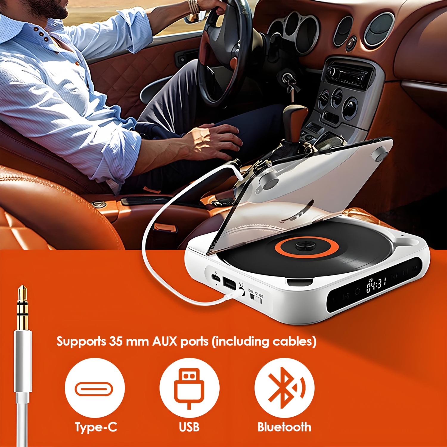 CD player portable bluetooth music player with dust cover, earphones, suitable for home and trave-White
