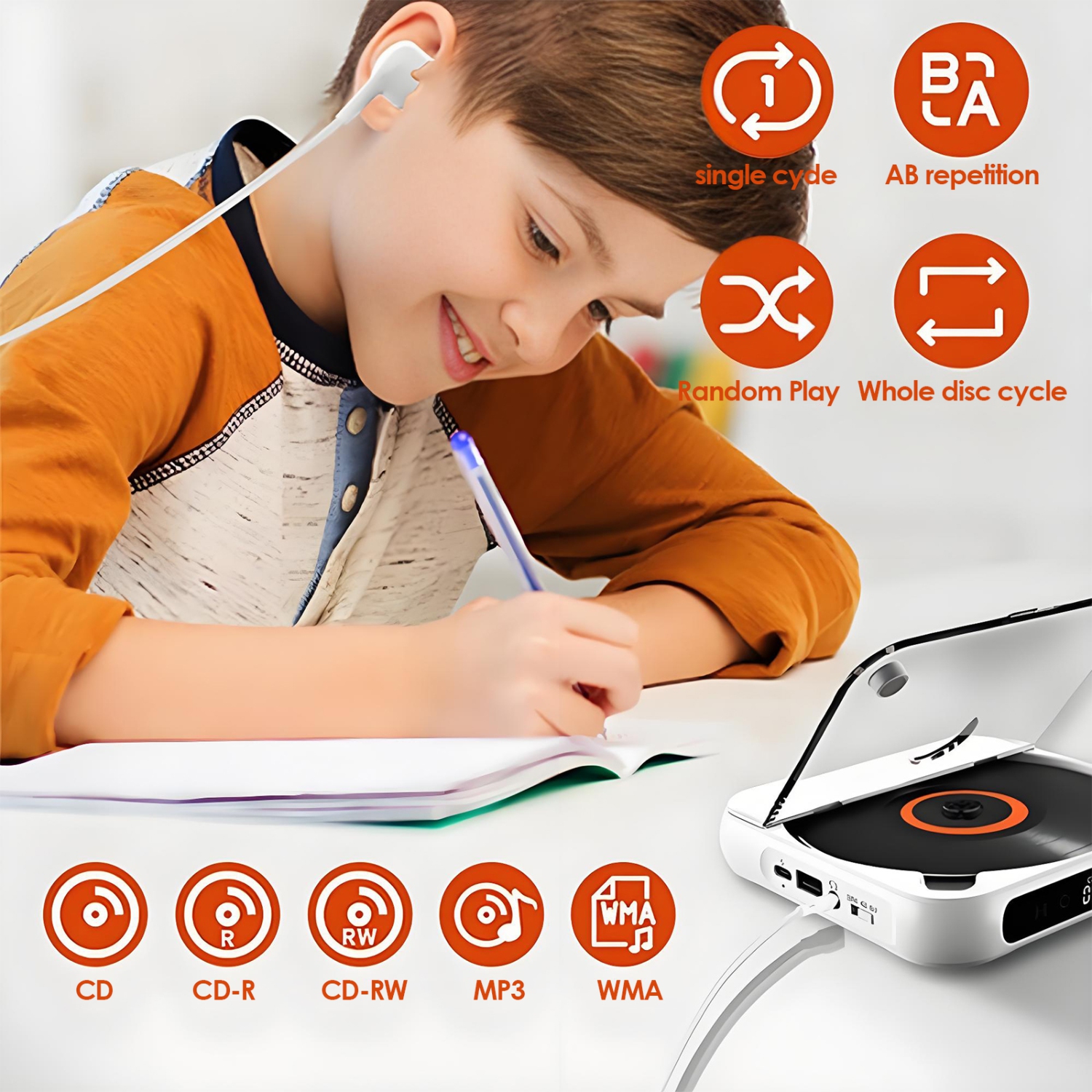 CD player portable bluetooth music player with dust cover, earphones, suitable for home and trave-White