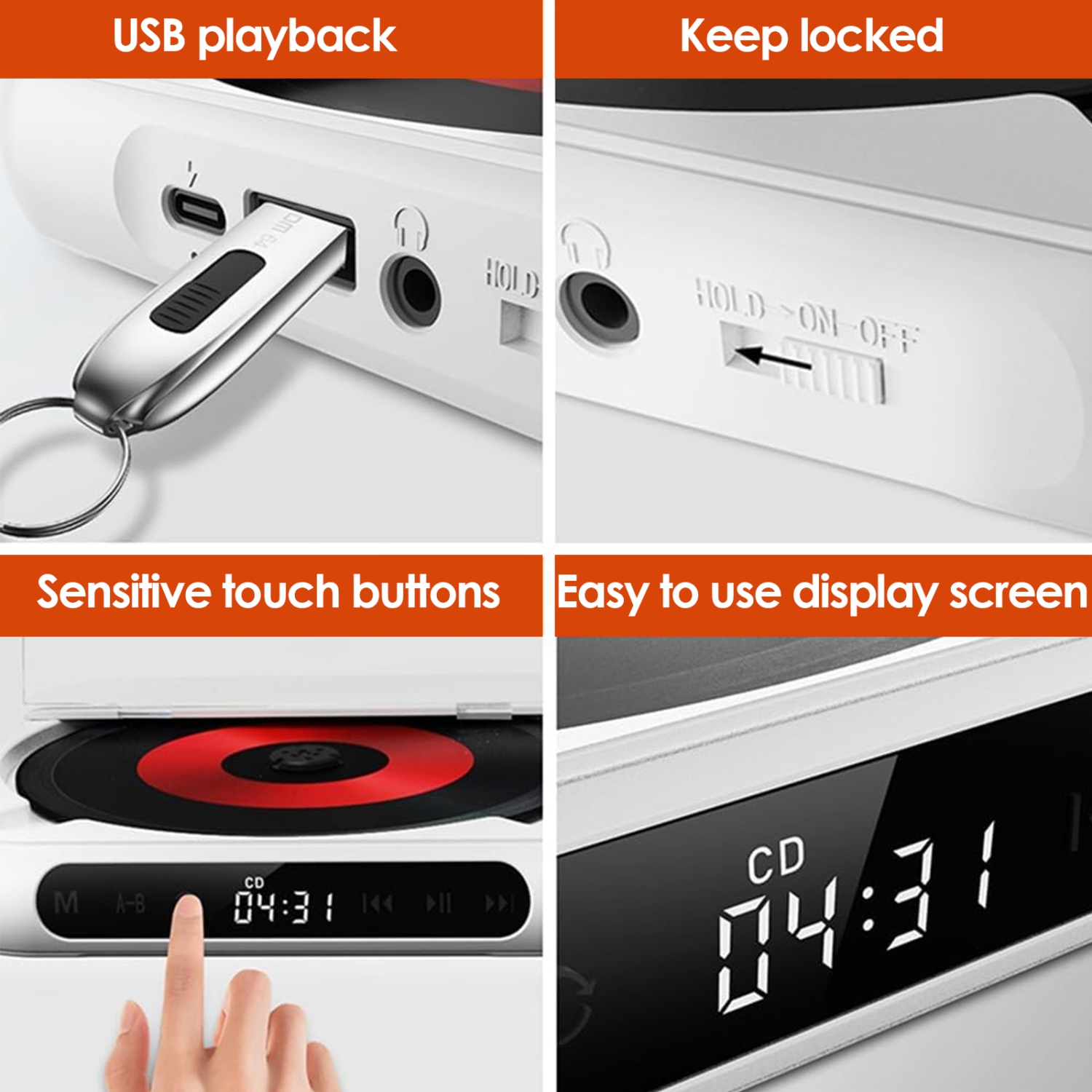 CD player portable bluetooth music player with dust cover, earphones, suitable for home and trave-White