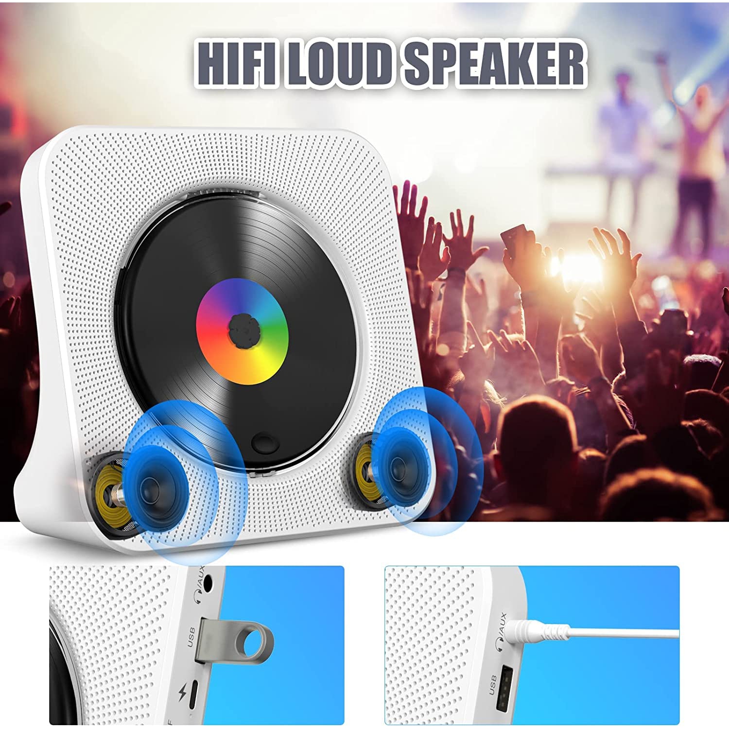 Lecteur CD Bluetooth portatif, lecteur CD fixe avec affichage LED, minuterie, radio FM pour les déplacements extérieurs et la maison - Plug-in