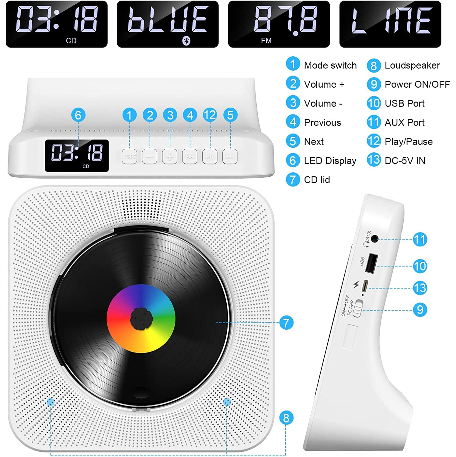 Lecteur CD Bluetooth portatif, lecteur CD fixe avec affichage LED, minuterie, radio FM pour les déplacements extérieurs et la maison - Plug-in