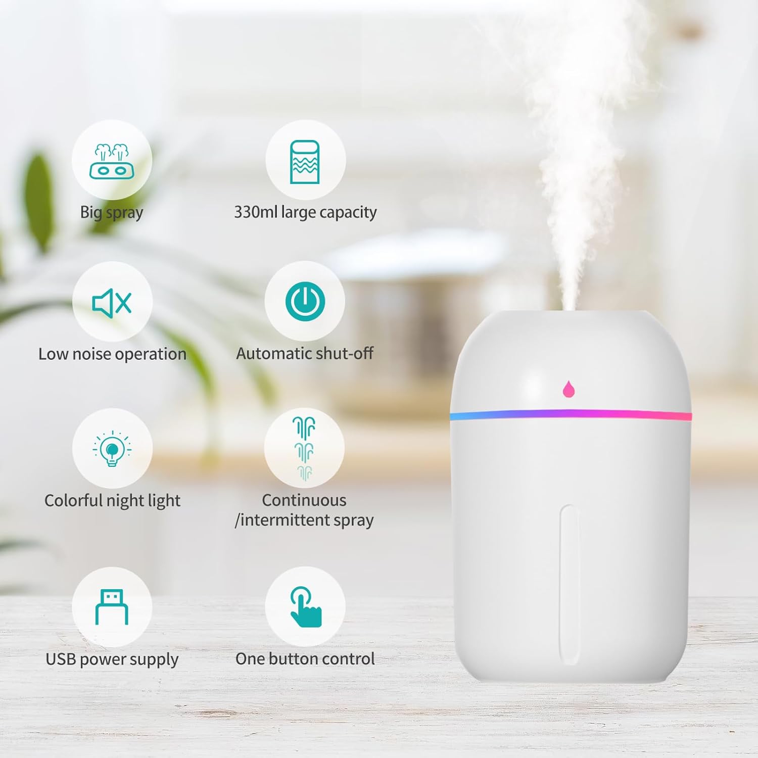 Petit humidificateur pour plantes, humidificateur portatif pour chambre à coucher Mini humidificateur de bureau personnel 330 ml, humidificateurs USB