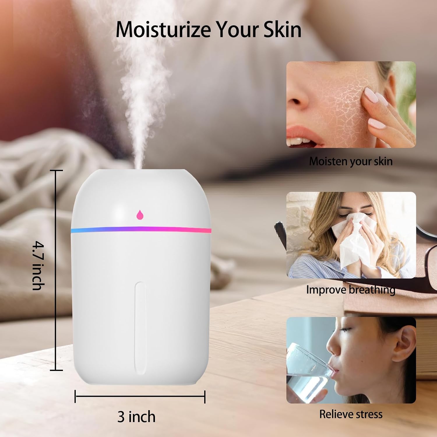 Petit humidificateur pour plantes, humidificateur portatif pour chambre à coucher Mini humidificateur de bureau personnel 330 ml, humidificateurs USB