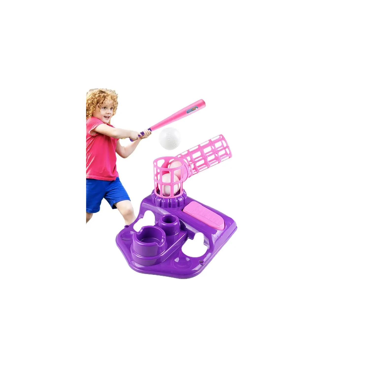 Kids Baseball Set for Ages 5-8, Pitching Machine, Indoor/Outdoor Backyard Sport Games Gifts for Boys & Girls- Pink