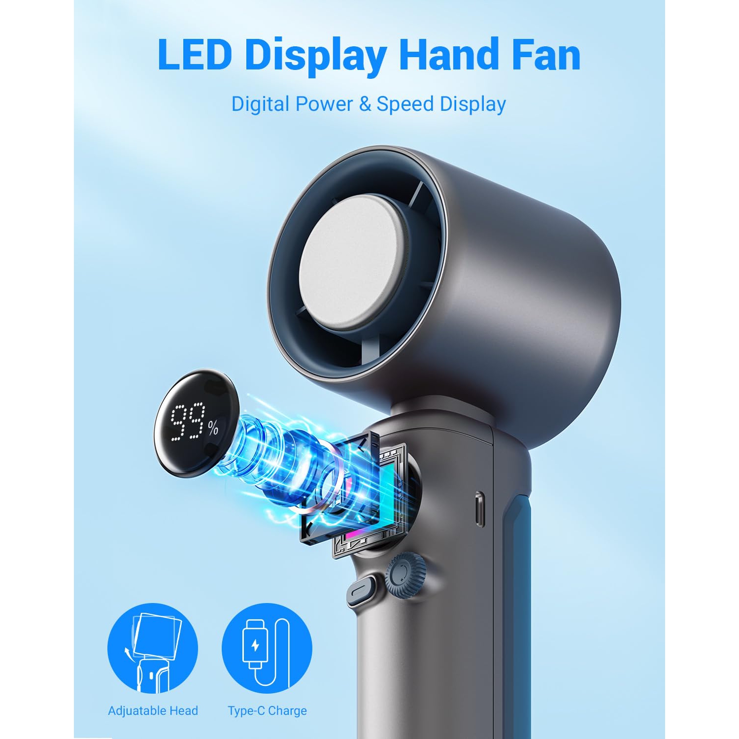 Portable Hand Held Turbo High Speed Personal Fan,100 Gear Speed Wind Digital Power & Speed Display USB Rechargeable Fan