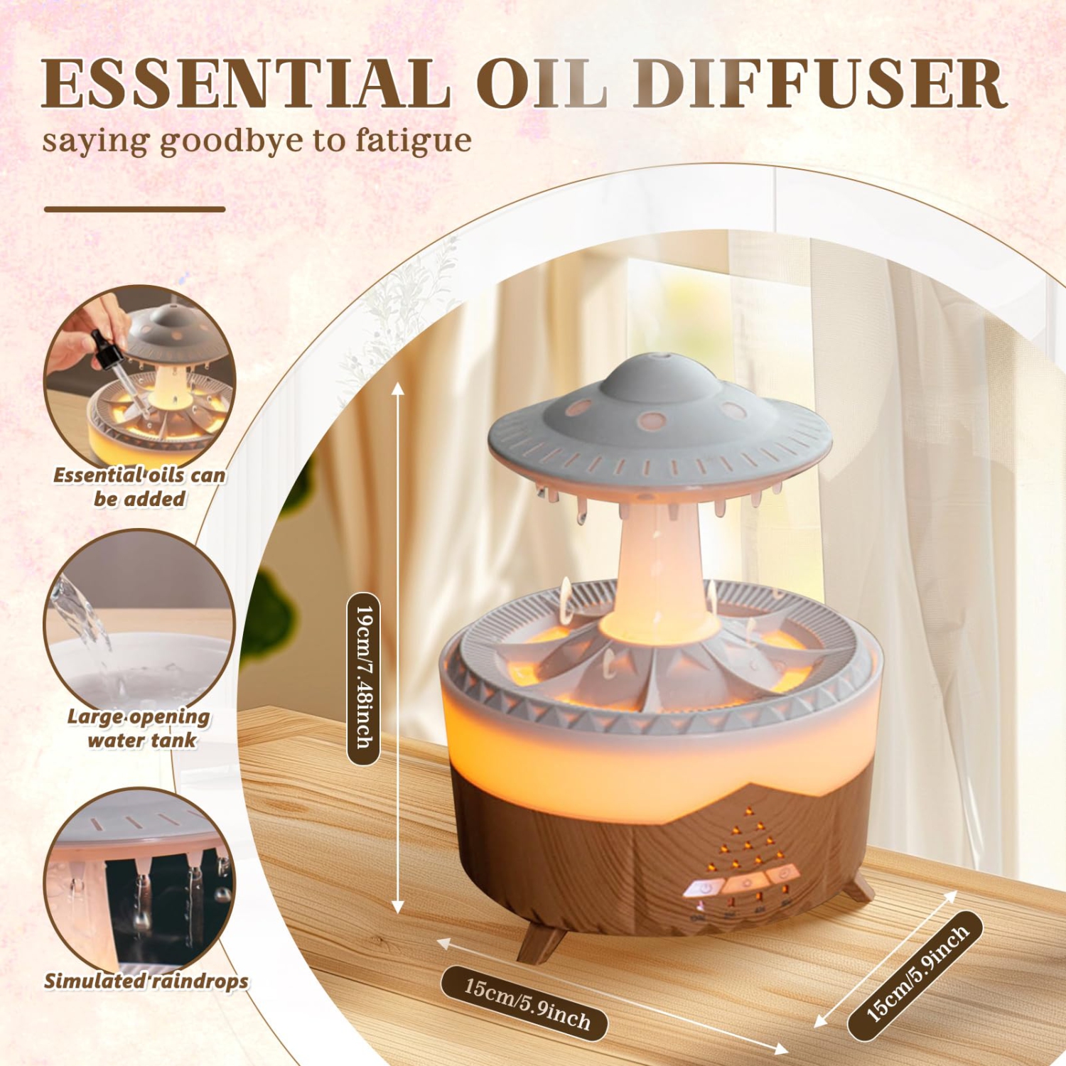 Rain Cloud Humidifier for Bedroom Water Drip, 7 Colors Night Rain Diffuser with Remote Control Timing, Mushroom Diffuser Lamp