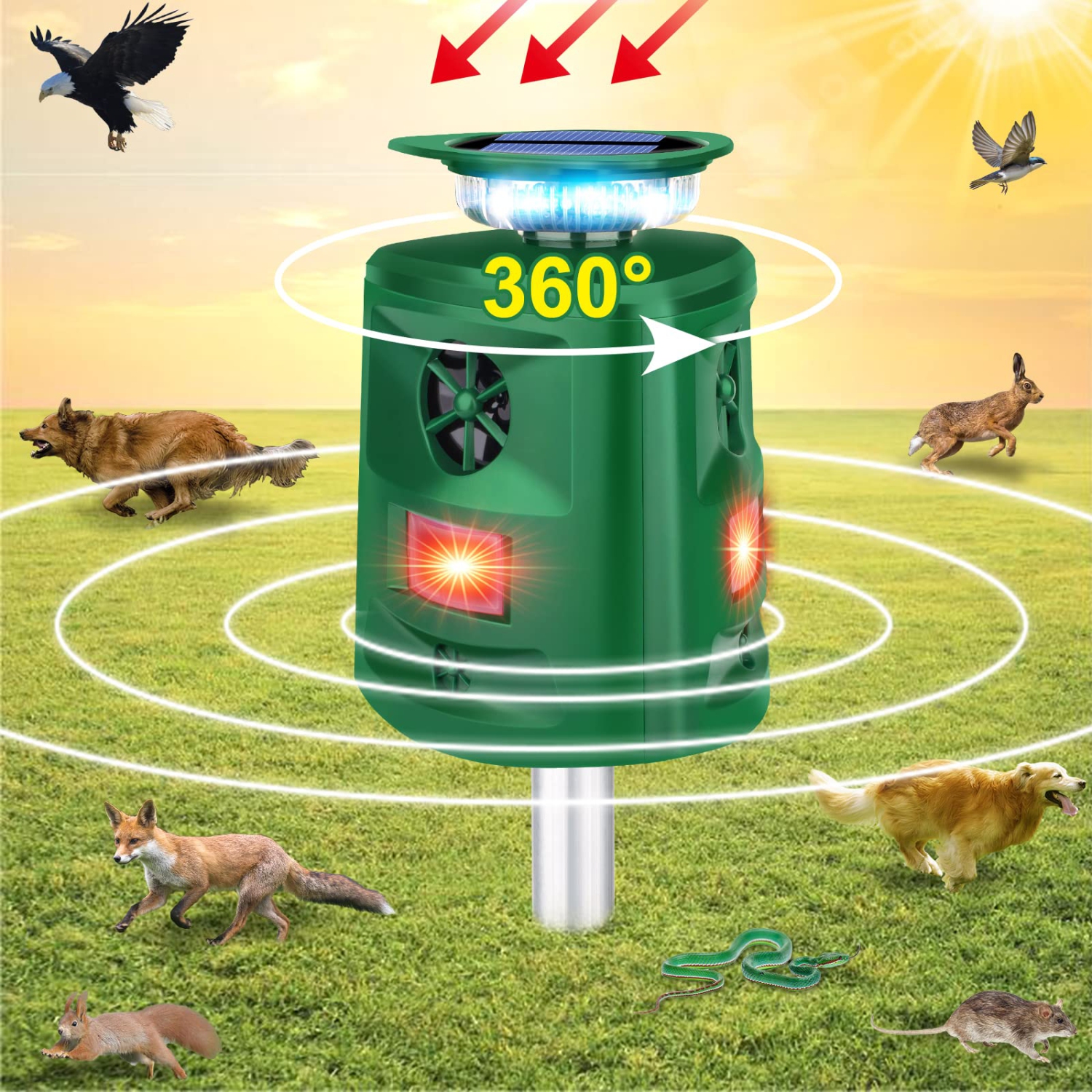 Solar Animal Repeller, 360°Ultrasonic Animal Repeller, Cat Repellent Outdoor,Dog Repellent with Motion Sensor & Flashing Light
