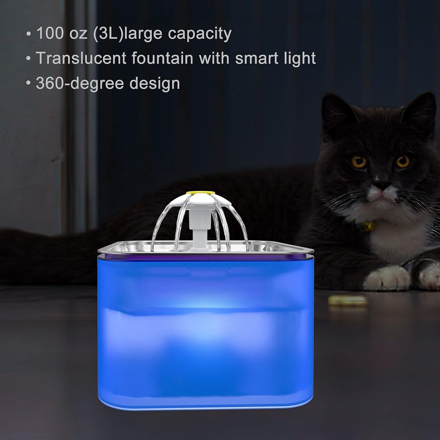 Fontaine d'eau pour chat en acier inoxydable de 3 litres - triple filtration, trois modes de débit, lumière LED, eau fraîche, facile à nettoyer
