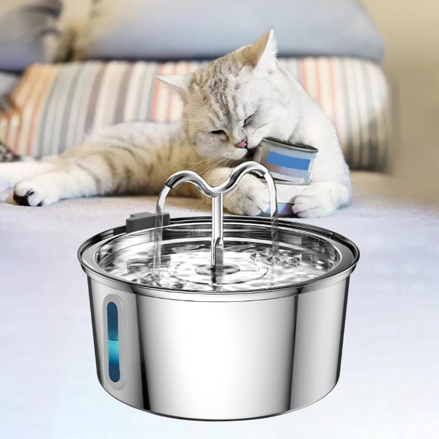 3.2L round stainless steel horn tube with window pet water dispenser - large capacity, ultra-quiet, double filtration, two drinking modes, suitable