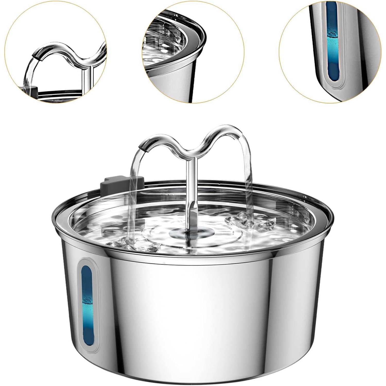 3.2L round stainless steel horn tube with window pet water dispenser - large capacity, ultra-quiet, double filtration, two drinking modes, suitable