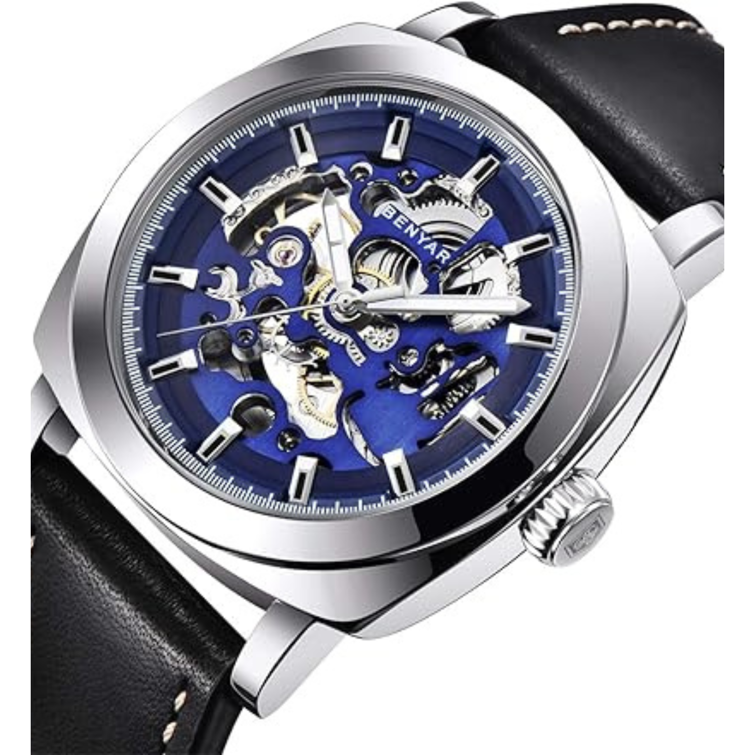 BENYAR - Mechanical Men's Automatic Watch | Montre Homme | Leather Strap | Golden Movement | 45mm Skeleton Dial | Water and Scratch Resistant Stylish