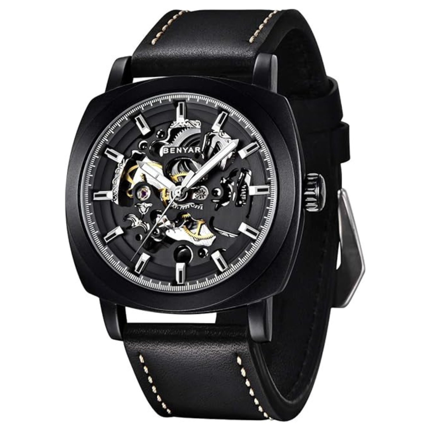 BENYAR - Mechanical Men's Automatic Watch | Montre Homme | Leather Strap | Golden Movement | 45mm Skeleton Dial | Water and Scratch Resistant Stylish