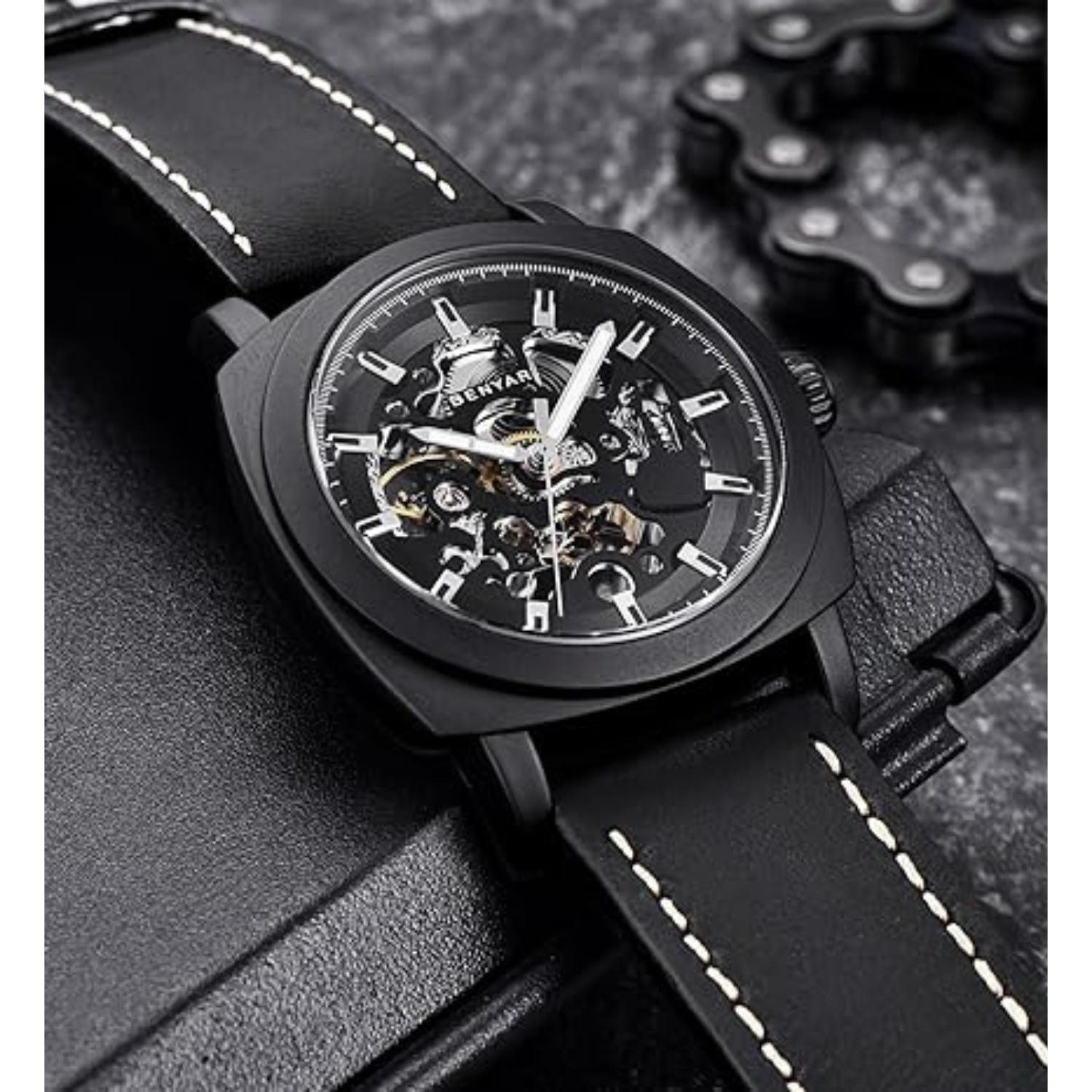 BENYAR - Mechanical Men's Automatic Watch | Montre Homme | Leather Strap | Golden Movement | 45mm Skeleton Dial | Water and Scratch Resistant Stylish