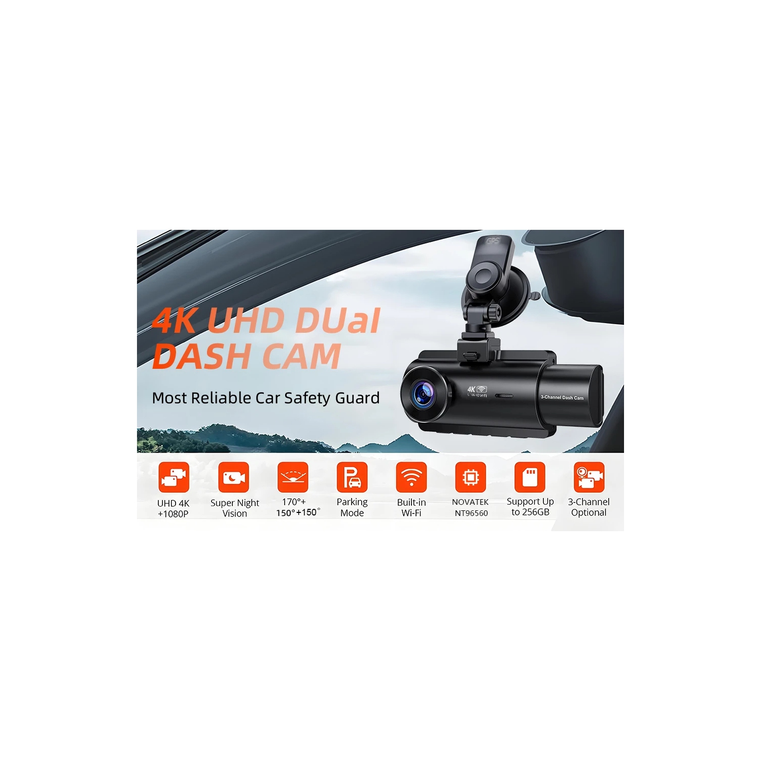 4K+1K+1K+GPS 3 Channel Dash Cam Wide Angle for Cars Front, Inside and Rear and 128 GB SD Card Included with Night Vision, Loop Recording and G-Sensor