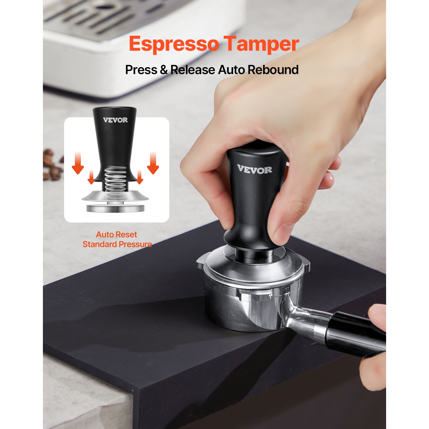Pilon à espresso VEVOR 53&nbsp;mm, pilon à café à ressort, poussoir à espresso 30&nbsp;lb, poussoir en acier inoxydable à prise antidérapante