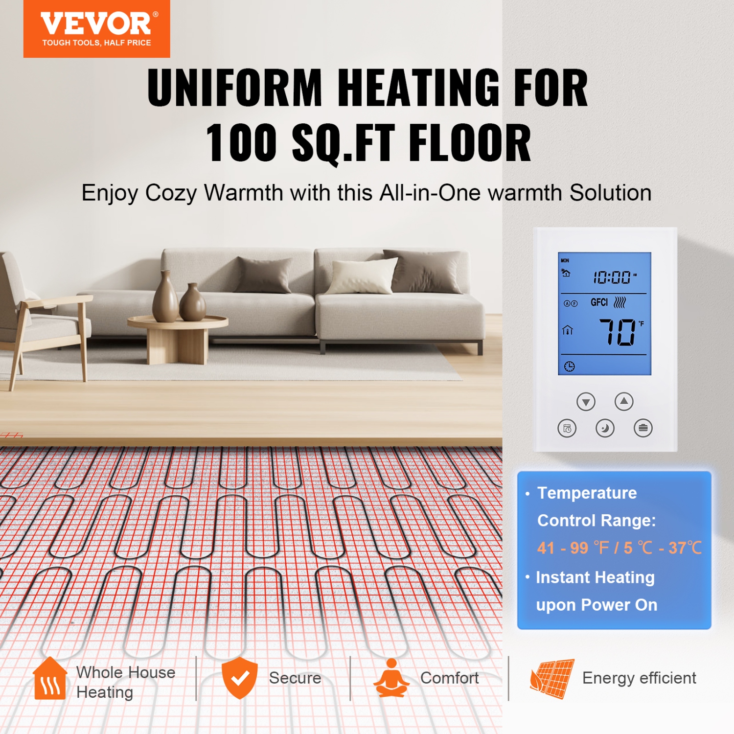 VEVOR 100 Sq. ft Floor Heating Mat, Electric Radiant In-Floor Heated Warm System with Digital Floor Sensing Thermostat, Includes Installation
