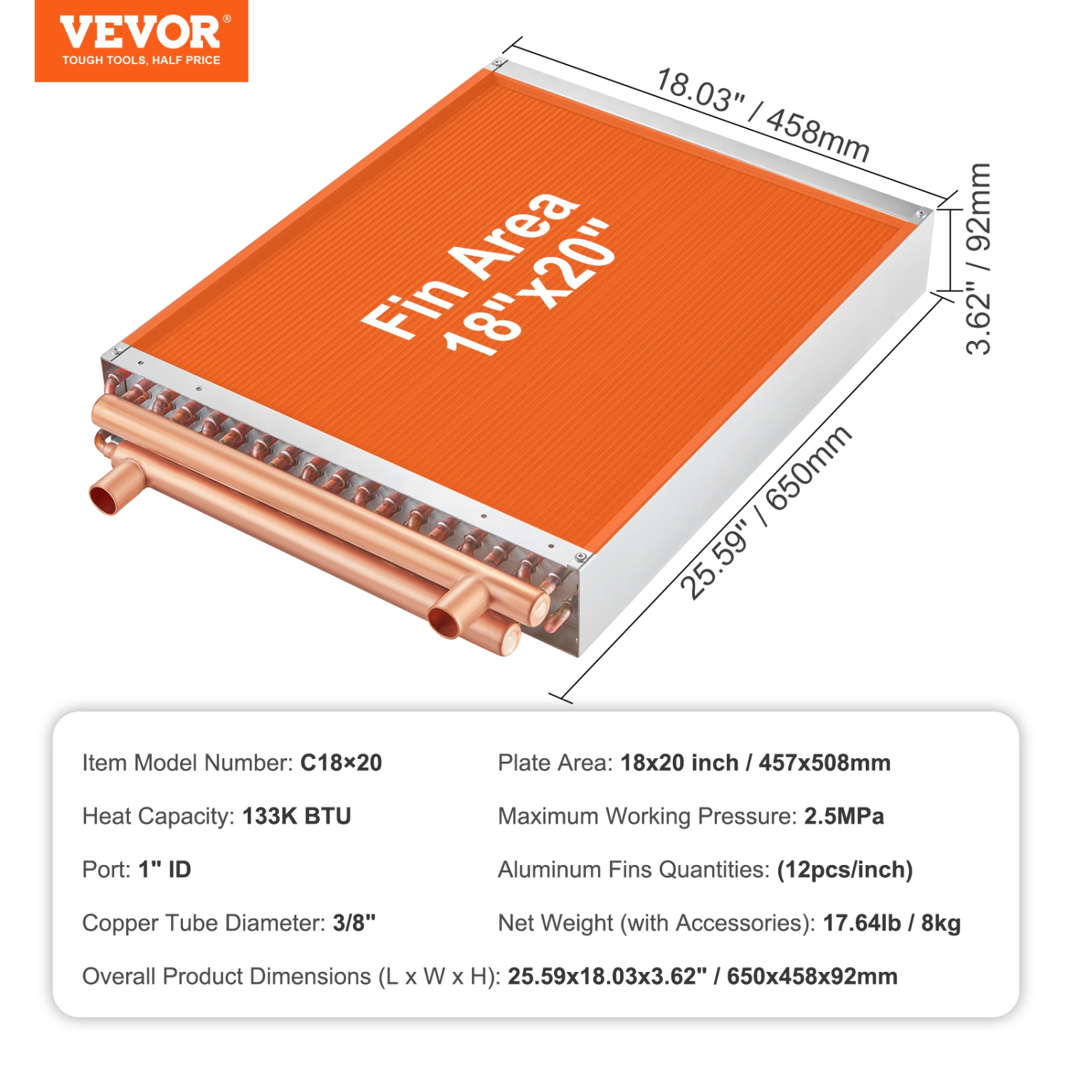 VEVOR 18"x20" Heat Exchanger Water to Air, with 3-Row 3/8" Copper Ports, 242 Aluminum Fins Heat Exchanger for Wood Furnaces, Residential Heating and