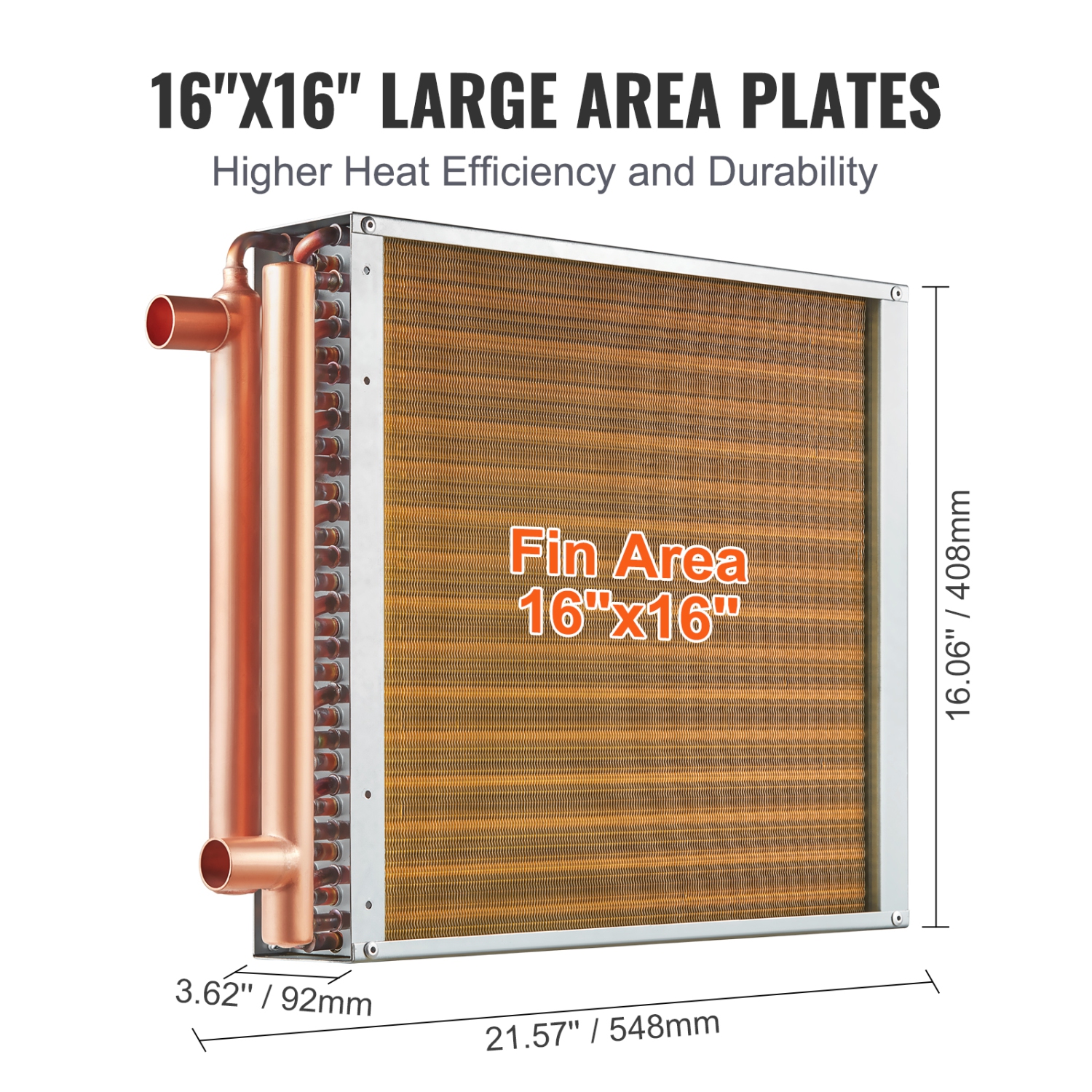 VEVOR 16"x16" Heat Exchanger Water to Air, with 3-Row 3/8" Copper Ports, 193 Aluminum Fins Heat Exchanger for Wood Furnaces, Residential Heating and