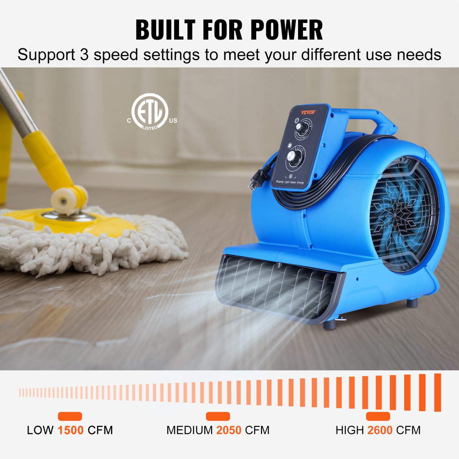 VEVOR 1/2 HP Floor Blower, 2600 CFM Air Mover for Drying and Cooling, Portable Carpet Dryer Fan with 4 Blowing Angles and Time Function, for
