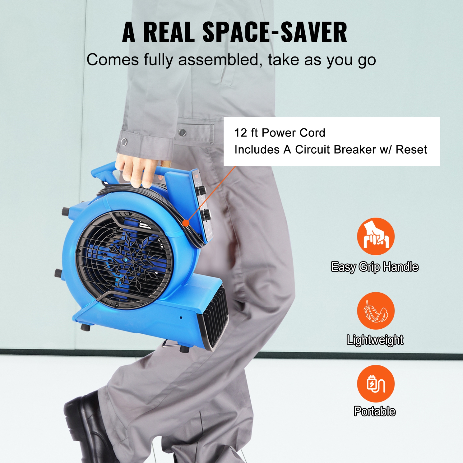 VEVOR 1/2 HP Floor Blower, 2600 CFM Air Mover for Drying and Cooling, Portable Carpet Dryer Fan with 4 Blowing Angles and Time Function, for