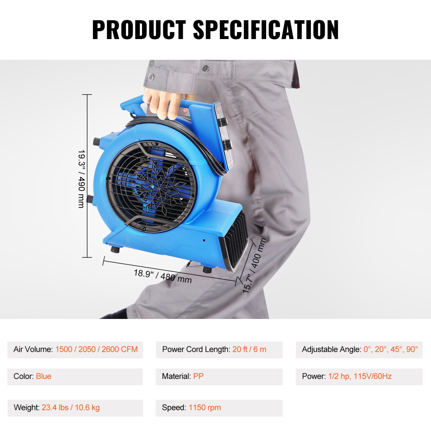 VEVOR 1/2 HP Floor Blower, 2600 CFM Air Mover for Drying and Cooling, Portable Carpet Dryer Fan with 4 Blowing Angles and Time Function, for