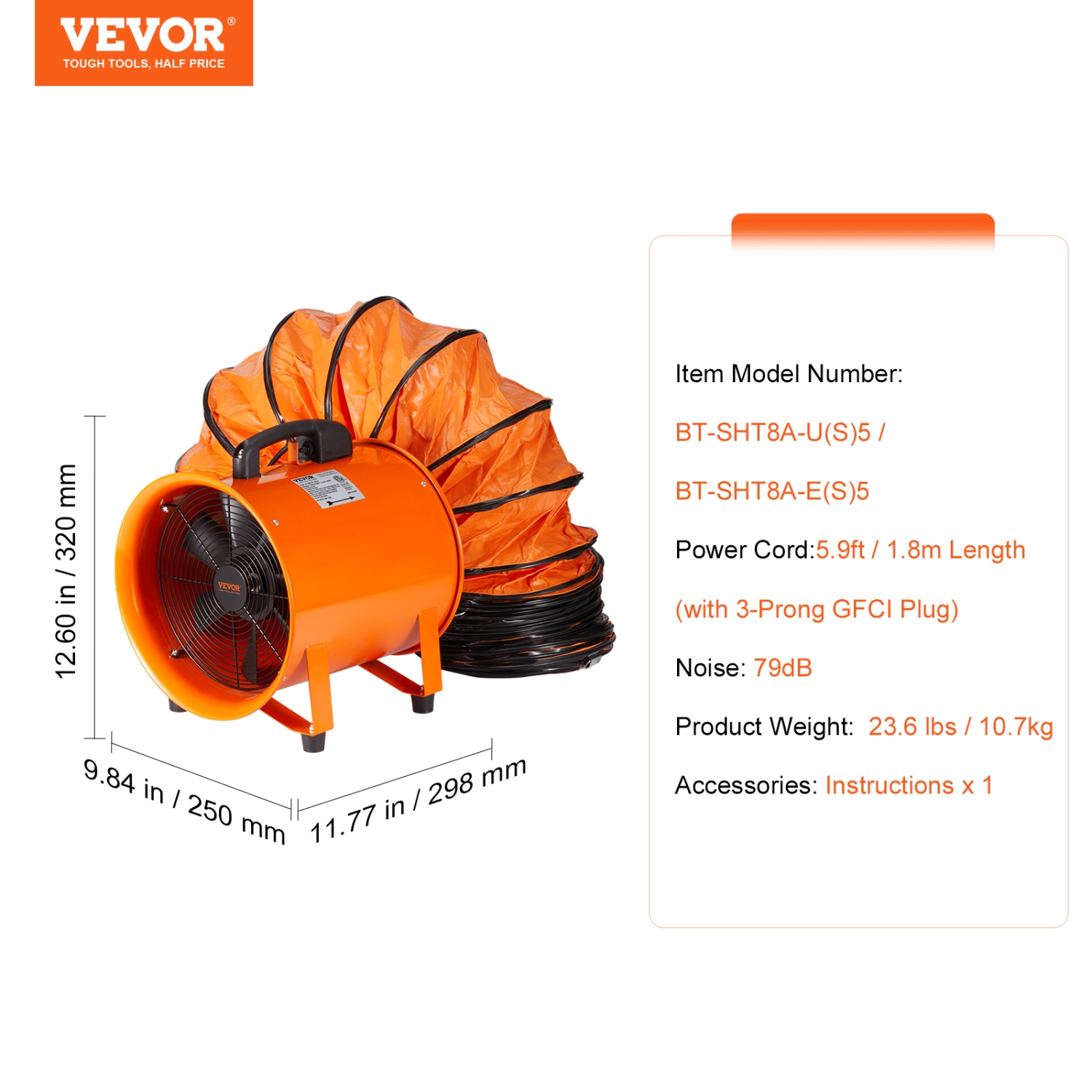 VEVOR 8 inch Portable Ventilator, Heavy Duty Cylinder Fan with 16.4ft Duct Hose, 195W Strong Shop Exhaust Blower 1070CFM, Industrial Utility Blower