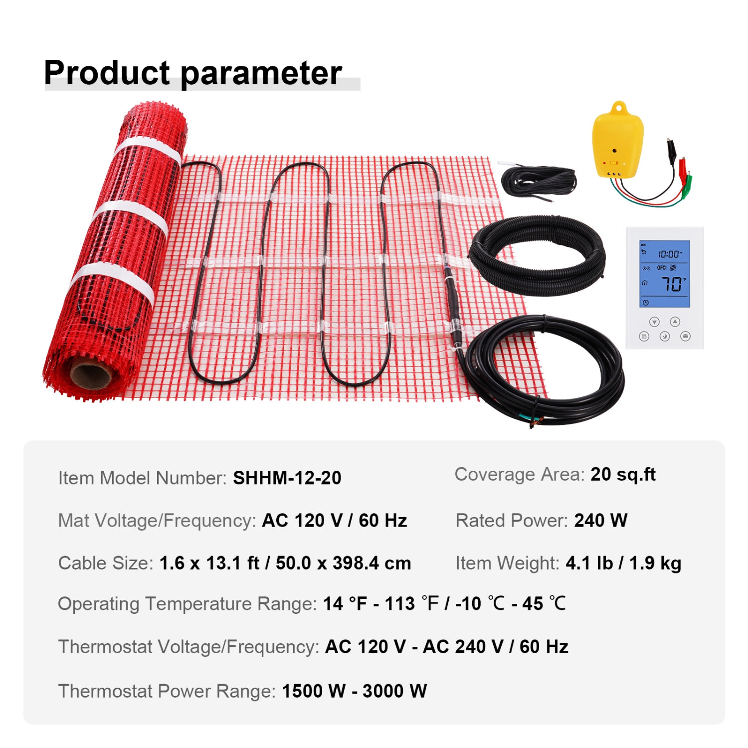 VEVOR 20 Sq. ft Floor Heating Mat, Electric Radiant In-Floor Heated Warm System with Digital Floor Sensing Thermostat, Includes Installation Monitor,