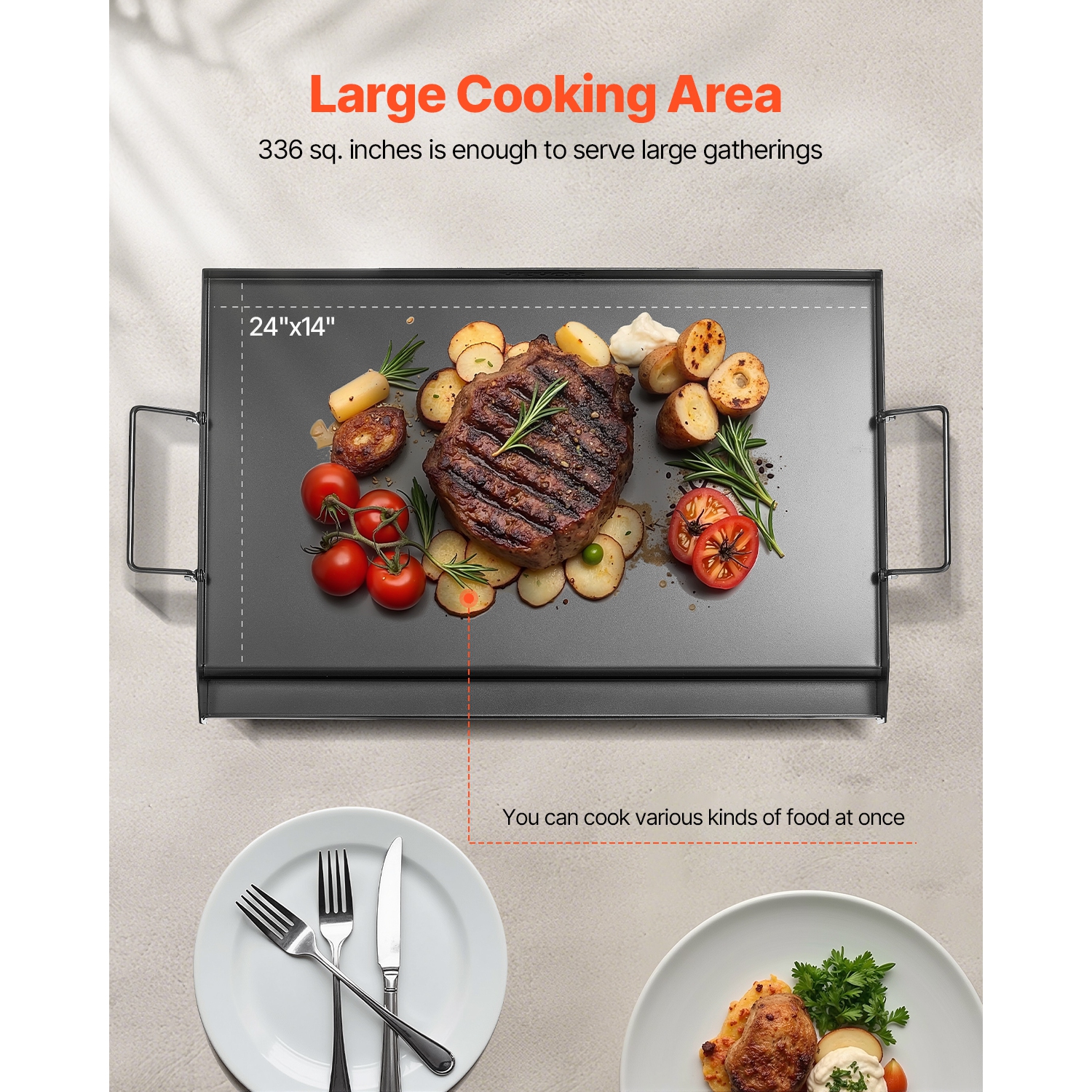 VEVOR 24x16 inch Carbon Steel Griddle, Universal Flat Top Rectangular Plate, Gas Grill Griddle for BBQ Grill, Teppanyaki, Portable Family Cookware