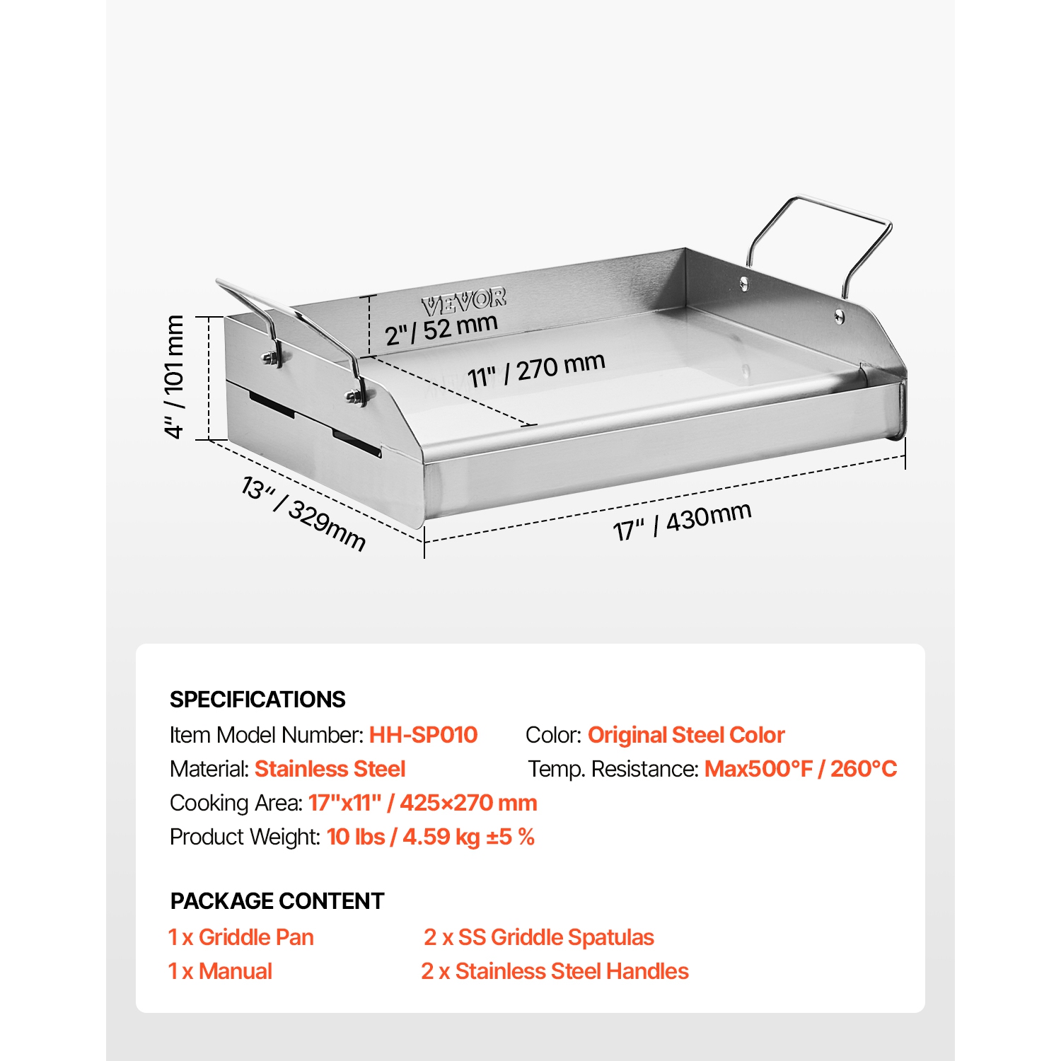 VEVOR 17x13 inch Stainless Steel Griddle, Universal Flat Top Rectangular Plate, Gas Grill Griddle for BBQ Grill, Teppanyaki, Portable Family Cookware