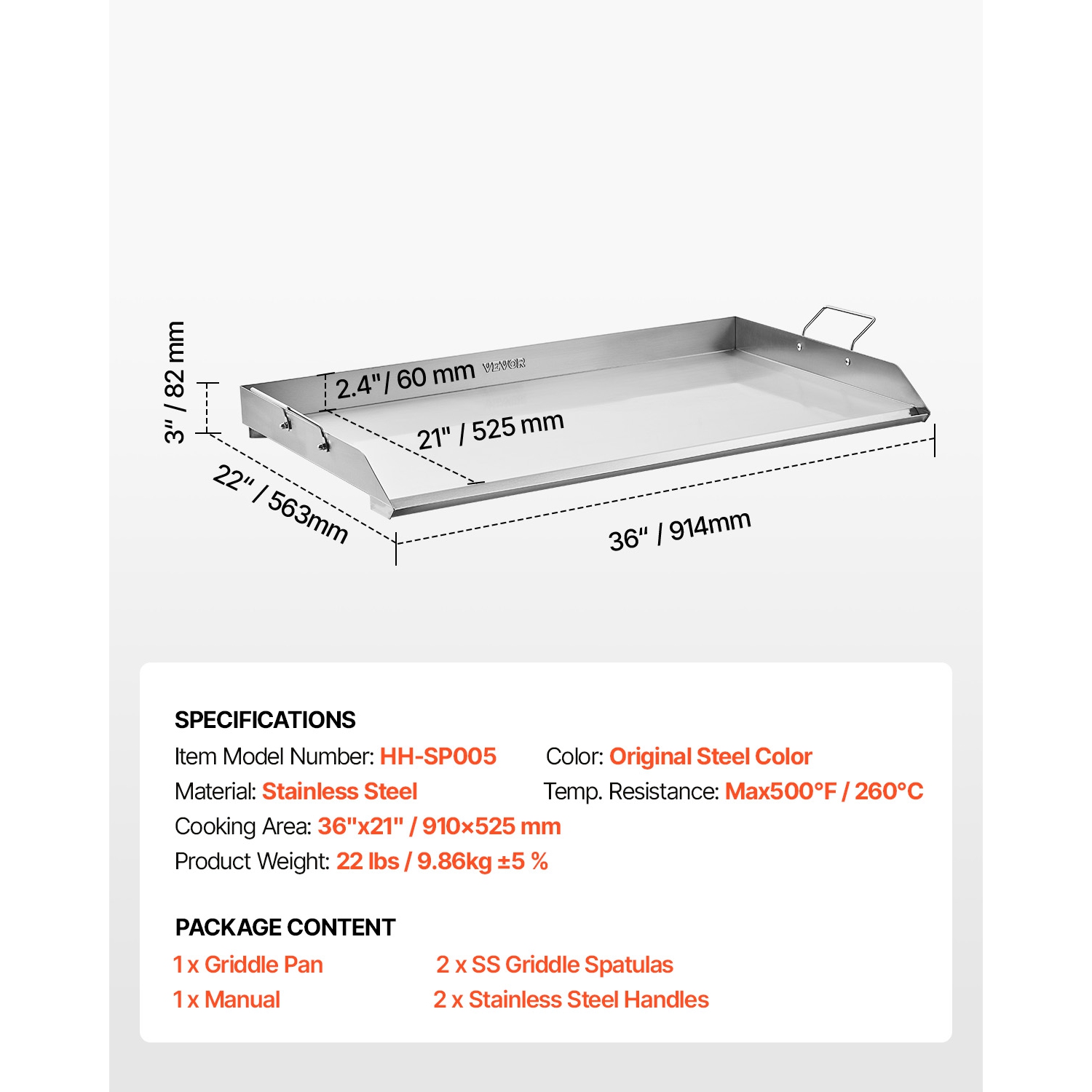 VEVOR 36x22 inch Stainless Steel Griddle, Universal Flat Top Rectangular Plate, Gas Grill Griddle for BBQ Grill, Teppanyaki, Portable Family Cookware
