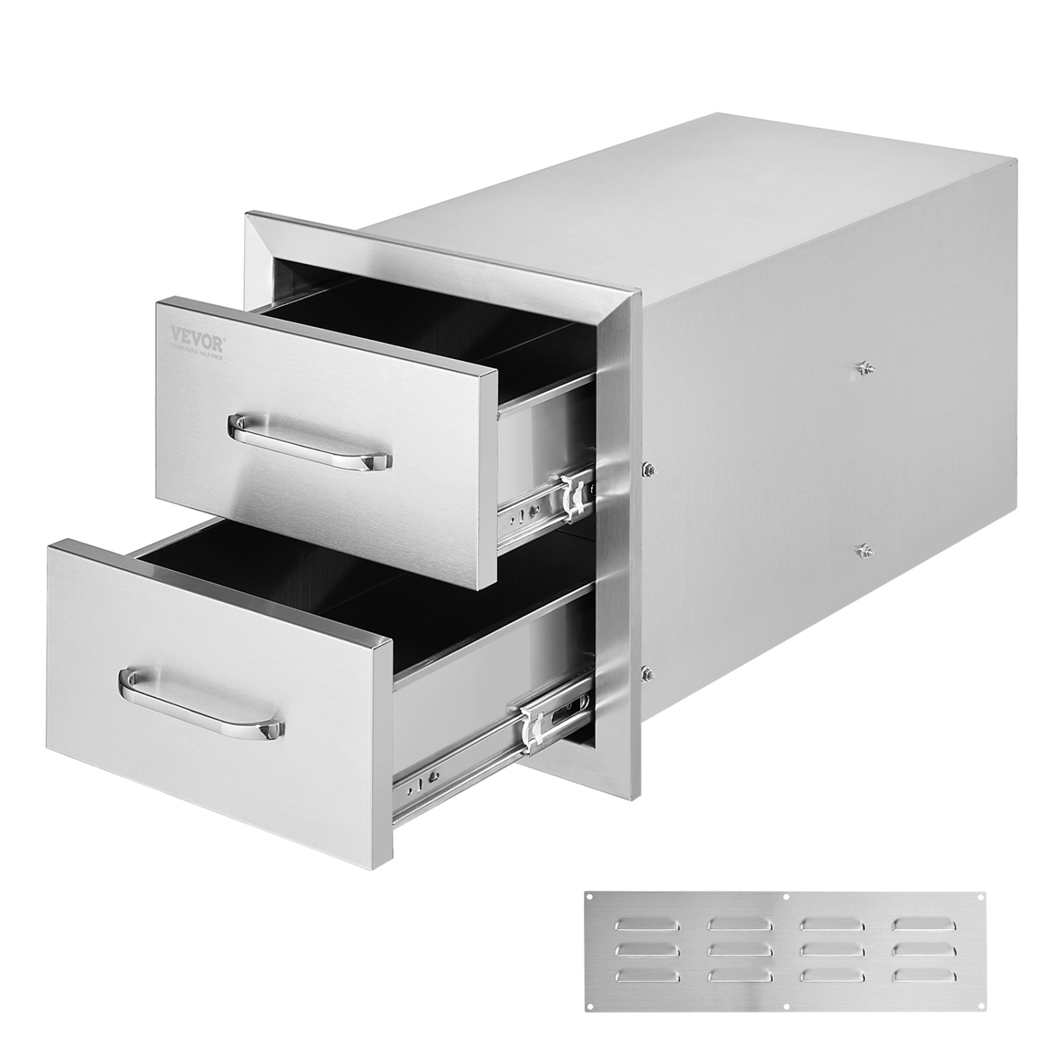 VEVOR 14W x 14.3H x 23D Inch Outdoor Kitchen Drawers,Flush Mount Double BBQ Drawers Stainless Steel with Handle, BBQ Island Drawers for Outdoor