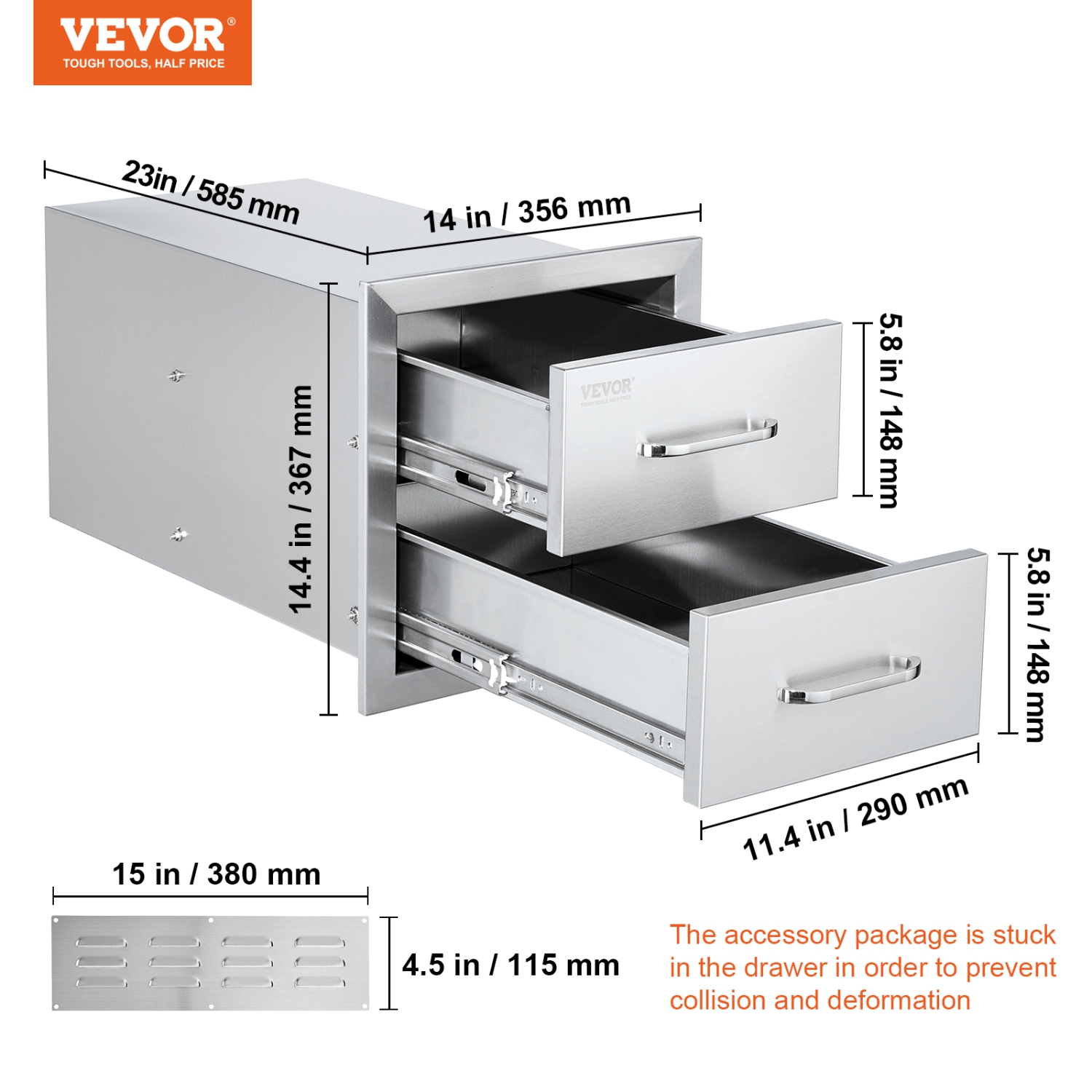 VEVOR 14W x 14.3H x 23D Inch Outdoor Kitchen Drawers,Flush Mount Double BBQ Drawers Stainless Steel with Handle, BBQ Island Drawers for Outdoor