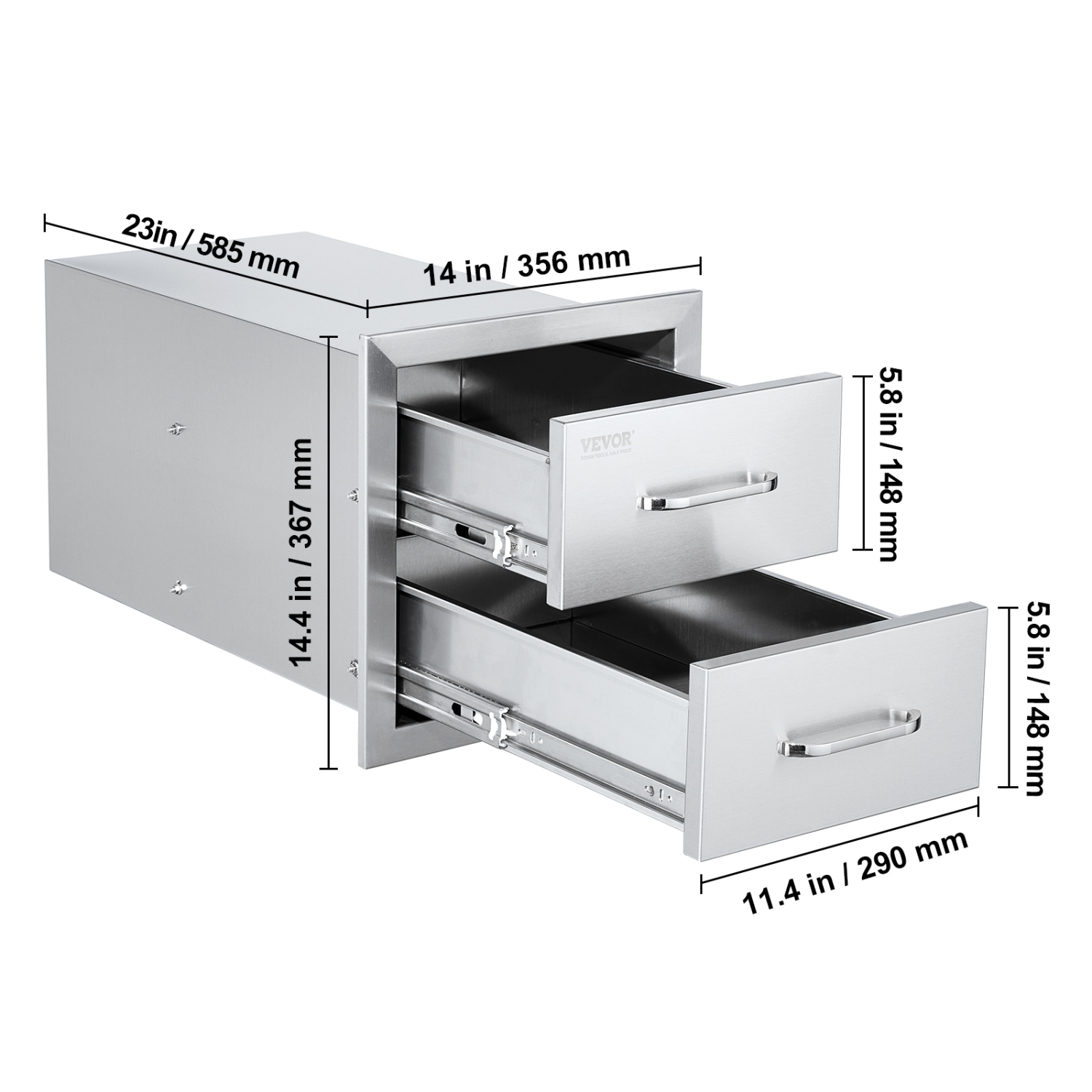 VEVOR 14W x 14.3H x 23D Inch Outdoor Kitchen Drawers,Flush Mount Double BBQ Drawers Stainless Steel with Handle, BBQ Island Drawers for Outdoor