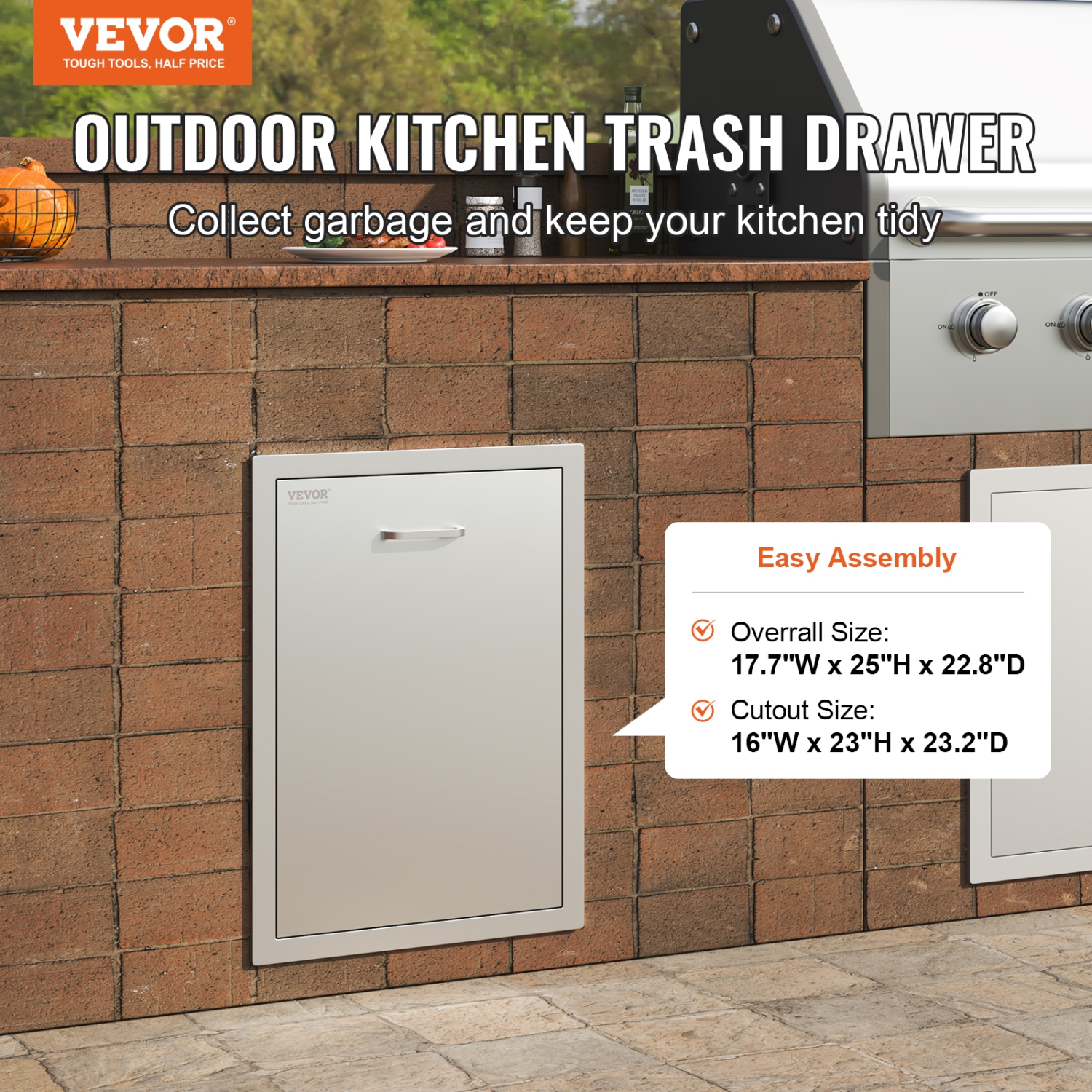 Tiroir poubelle de cuisine extérieure VEVOR de 17,7 x 22,8 x 22.6 po, poubelle de style surélevé avec plateau coulissant en acier inoxydable,