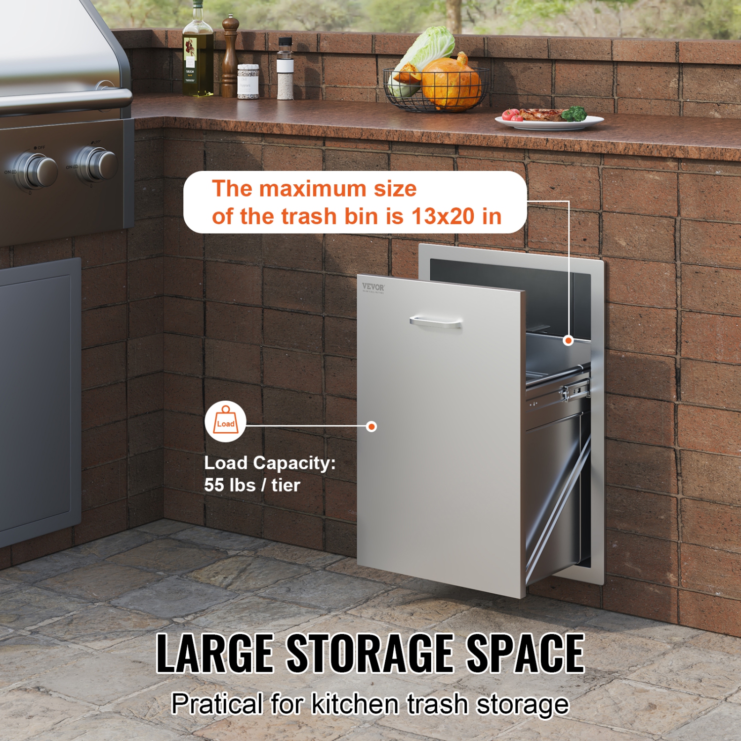 Tiroir poubelle de cuisine extérieure VEVOR de 17,7 x 22,8 x 22.6 po, poubelle de style surélevé avec plateau coulissant en acier inoxydable,