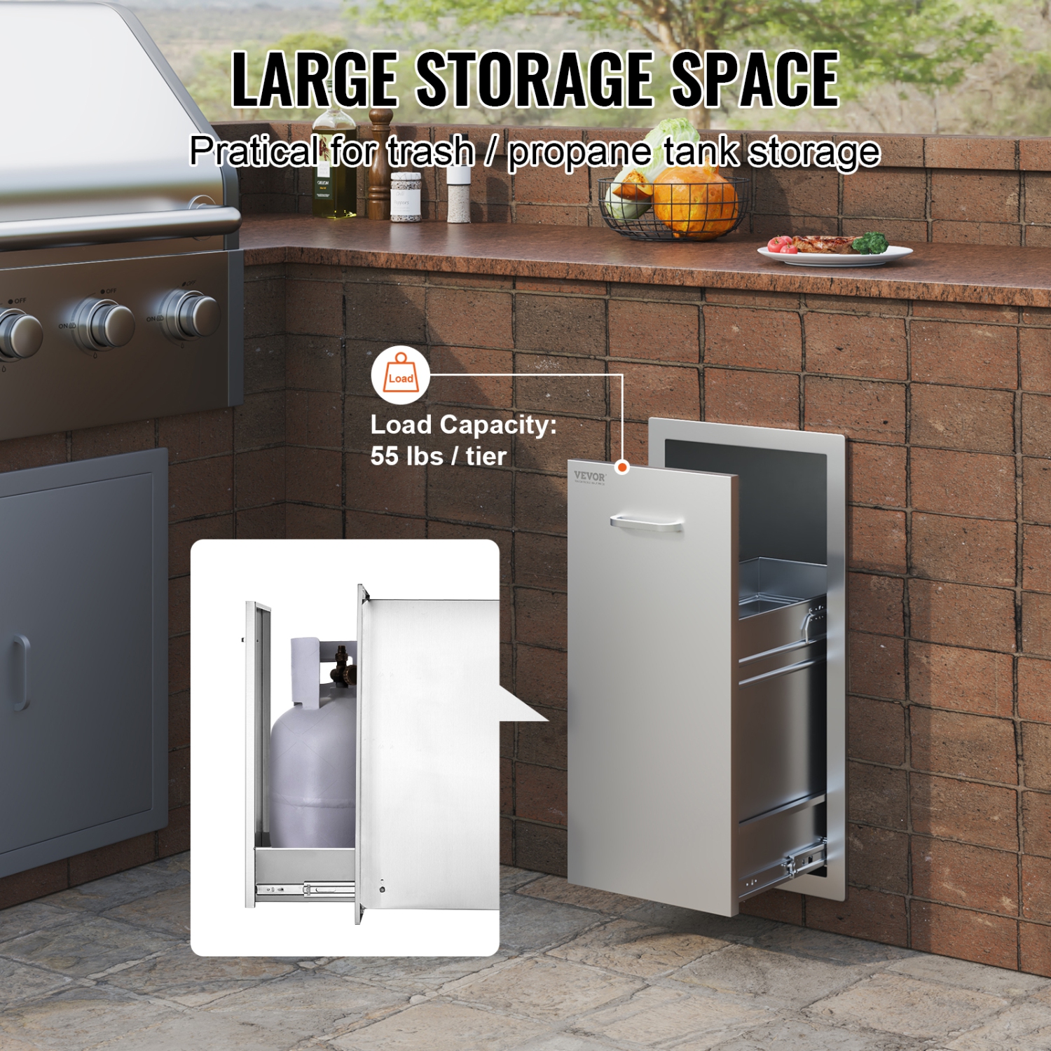 VEVOR 13.6Wx26H Inch Pull Out Trash Drawer Lower Sliding Rails Stainless Steel Trash Drawer with Pull-Out Tray and Handle for Outdoor Kitchen BBQ