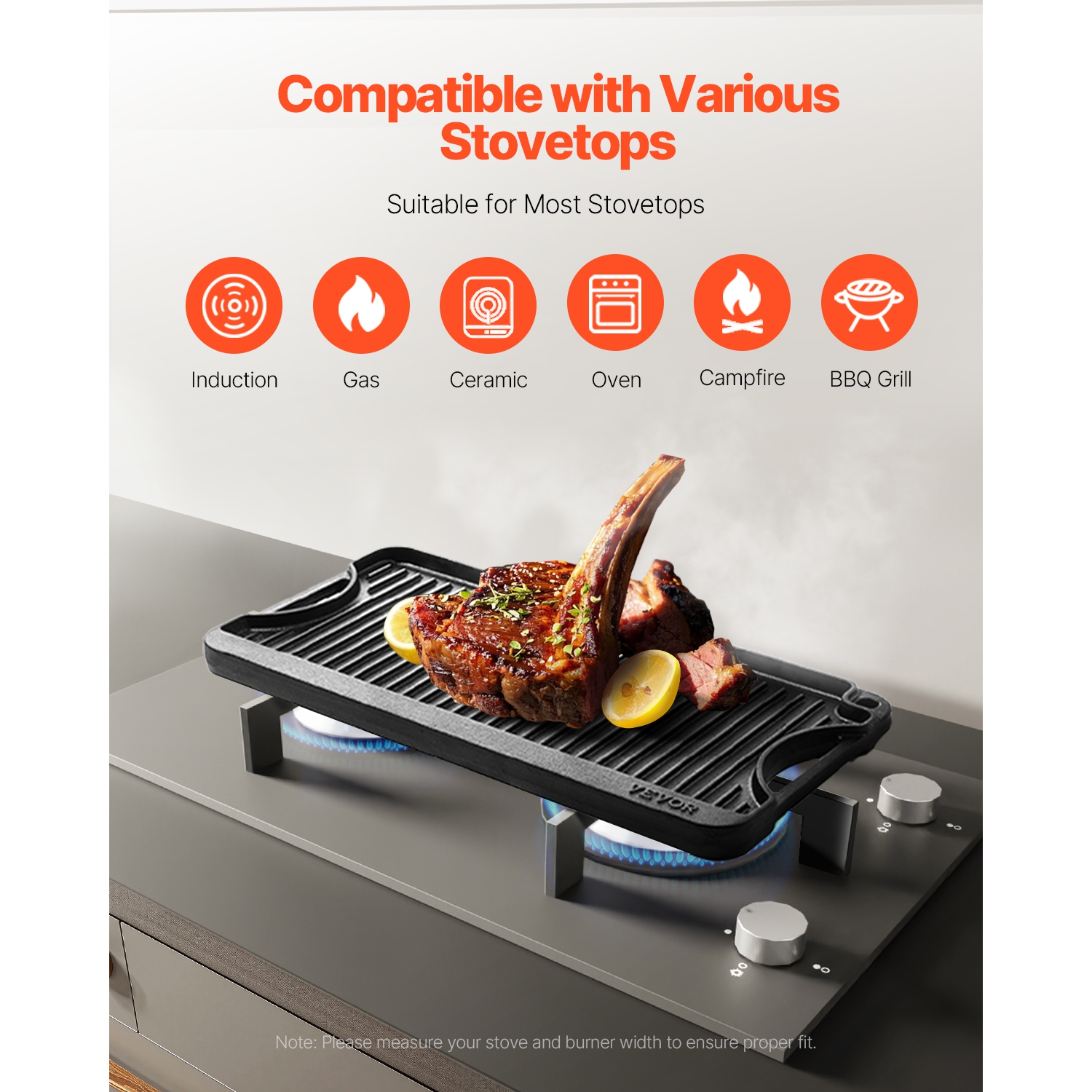 VEVOR 20x10 inch Reversible Grill/Griddle, Pre-Seasoned Cast Iron Griddle, Portable Rectangular Pan with Handle, Family Cookware for Stove Top