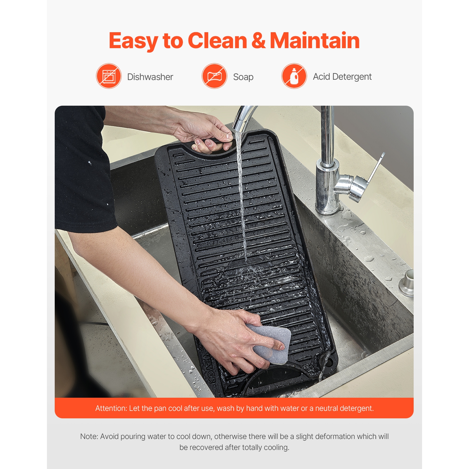 VEVOR 20x10 inch Reversible Grill/Griddle, Pre-Seasoned Cast Iron Griddle, Portable Rectangular Pan with Handle, Family Cookware for Stove Top