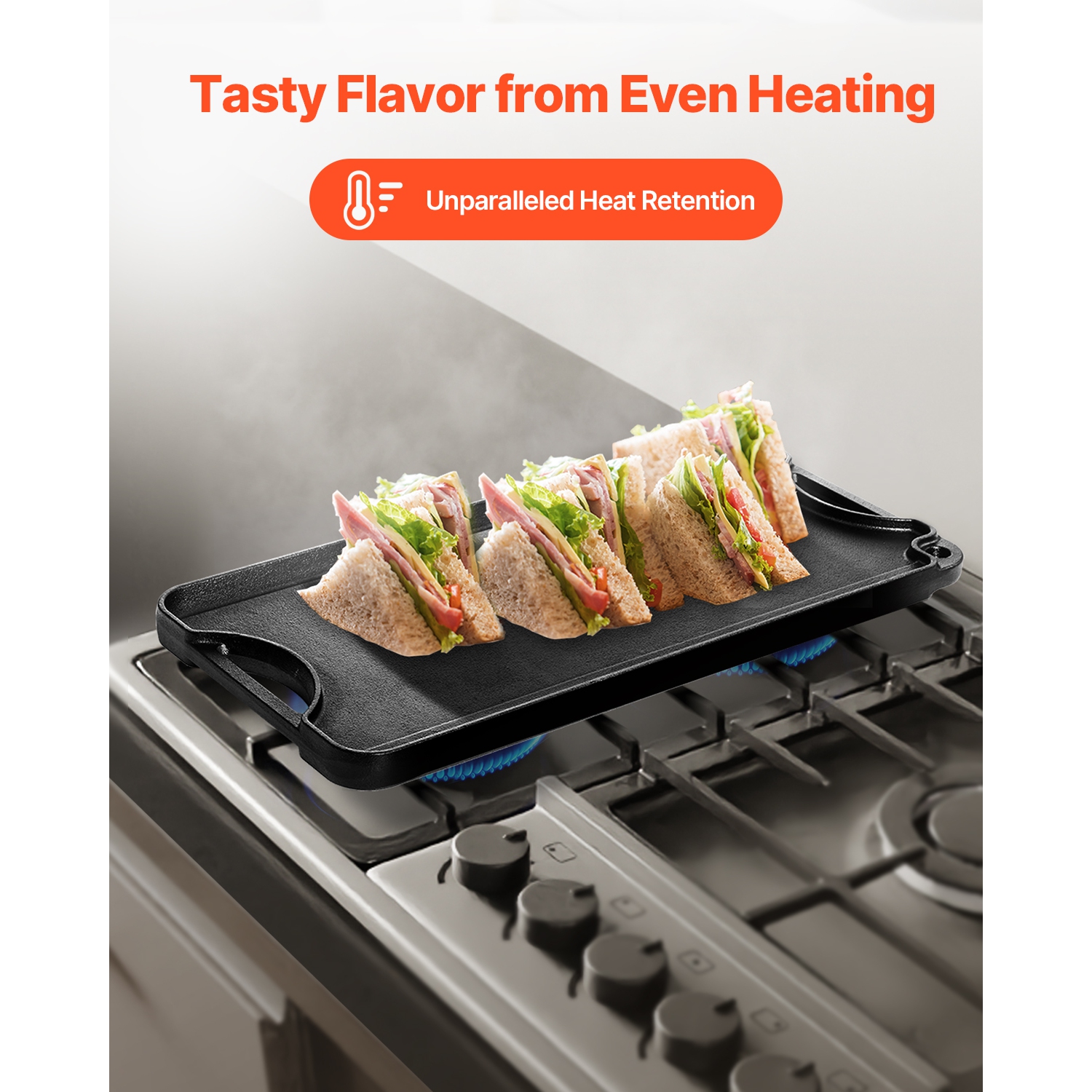 VEVOR 20x10 inch Reversible Grill/Griddle, Pre-Seasoned Cast Iron Griddle, Portable Rectangular Pan with Handle, Family Cookware for Stove Top