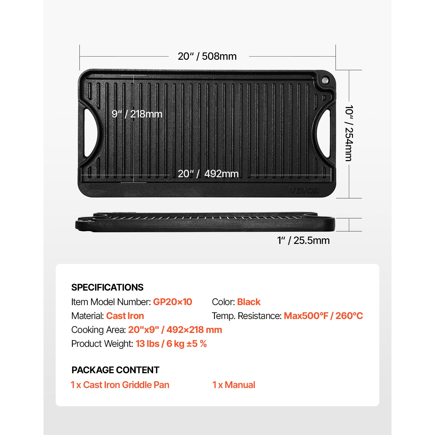 VEVOR 20x10 inch Reversible Grill/Griddle, Pre-Seasoned Cast Iron Griddle, Portable Rectangular Pan with Handle, Family Cookware for Stove Top