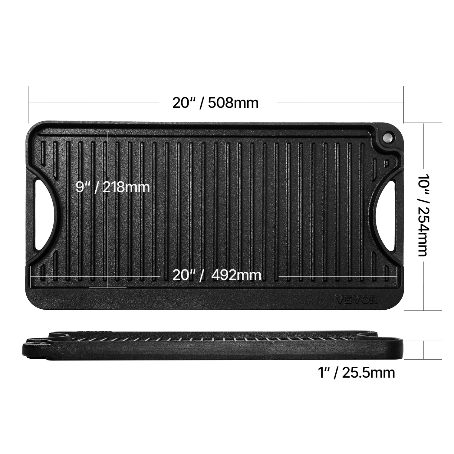 VEVOR 20x10 inch Reversible Grill/Griddle, Pre-Seasoned Cast Iron Griddle, Portable Rectangular Pan with Handle, Family Cookware for Stove Top