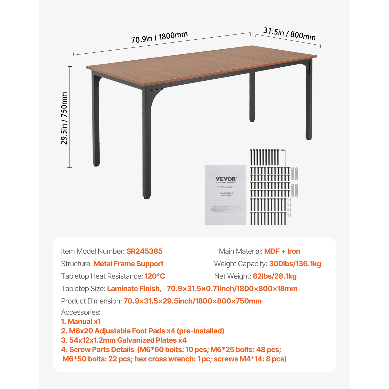 VEVOR 71 inch Length Rectangle Dining Table, Large Wood Tables for 6-8 Person, Farmhouse Dining Furniture, Rustic Conference Desk with Iron Legs, for