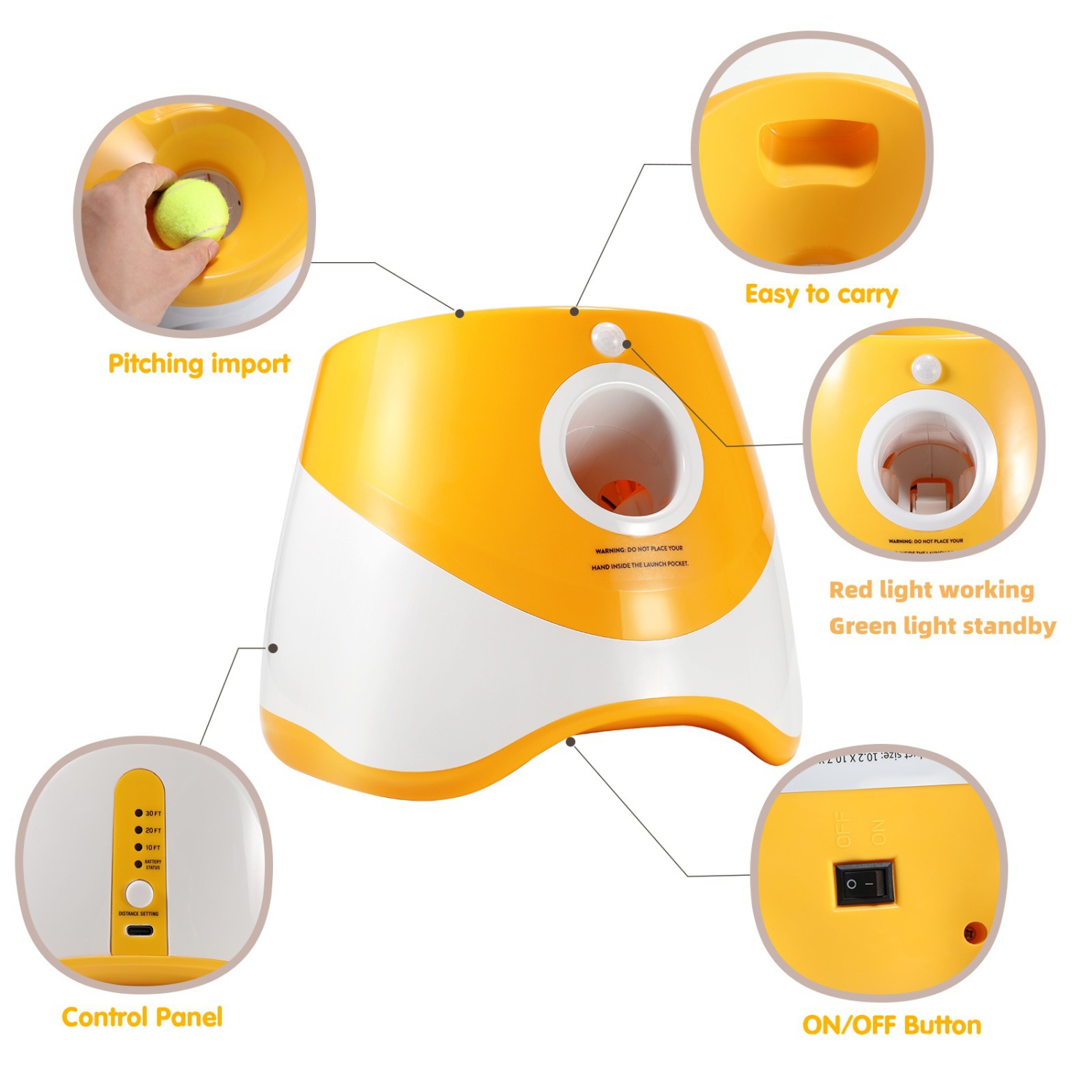 Lanceur automatique de balle pour chien, lance-balle pour chien, lance-balle de tennis interactif pour chiens avec 3 réglages de distance - orange