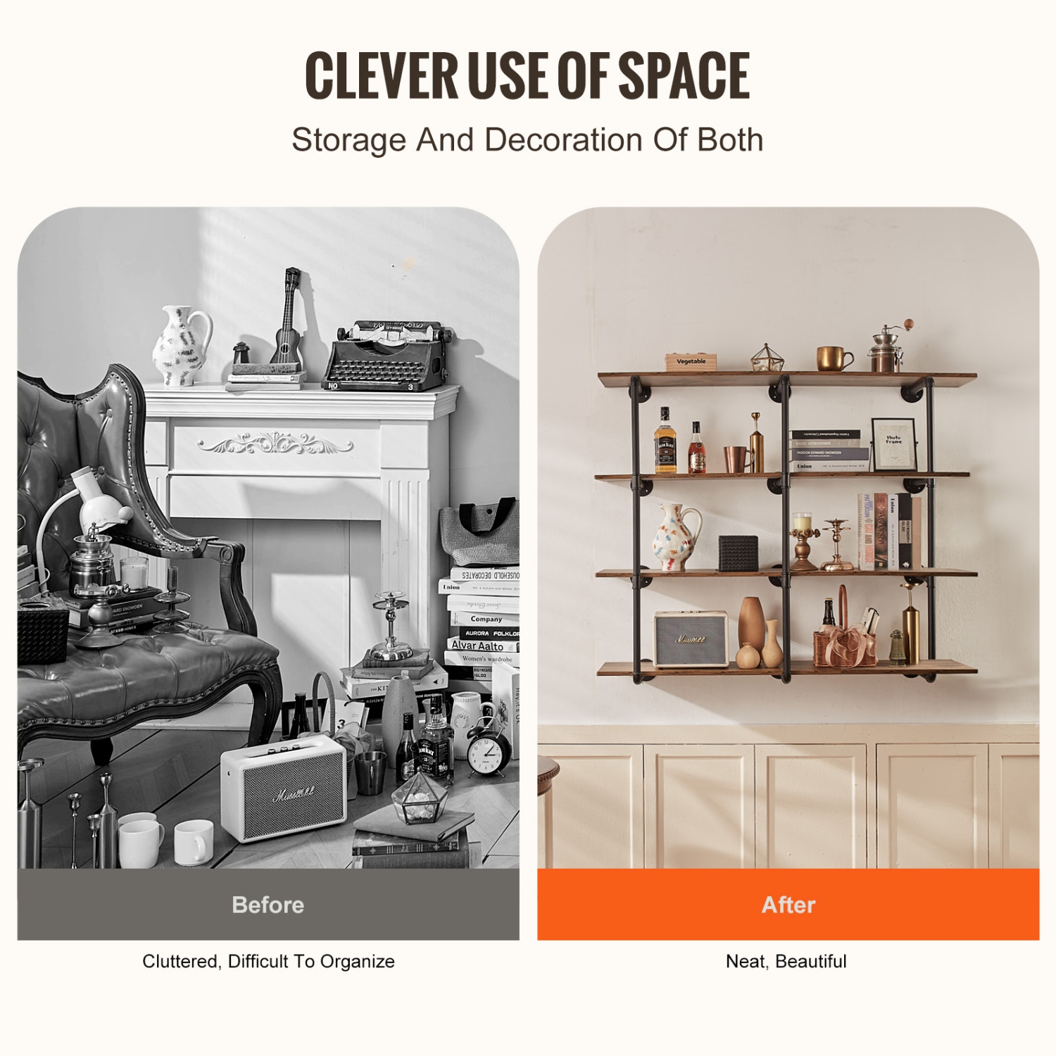 Étagère pour tuyau industriel VEVOR à 4 niveaux, 3 pièces, 11,8&nbsp;po applicable largeur de tableau mural, étagère en bois rustique flottante,