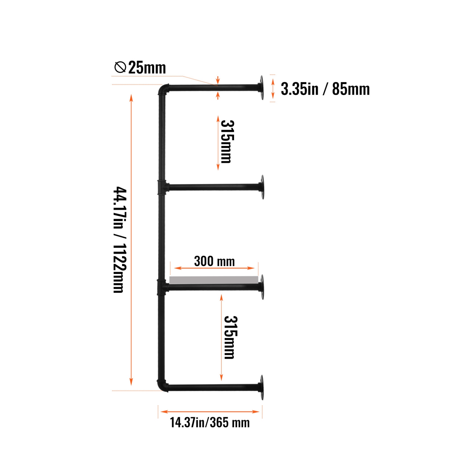 Étagère pour tuyau industriel VEVOR à 4 niveaux, 3 pièces, 11,8&nbsp;po applicable largeur de tableau mural, étagère en bois rustique flottante,