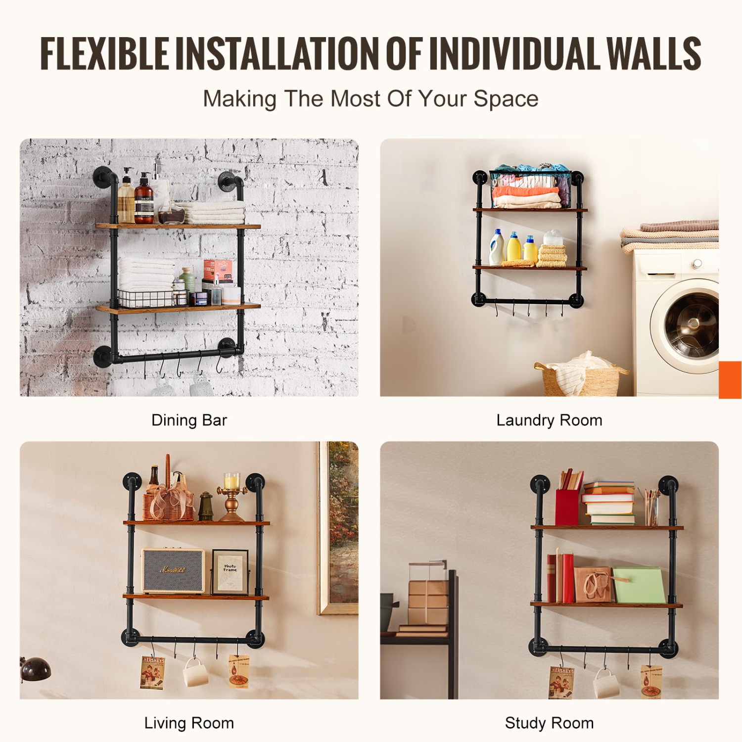 Étagère pour tuyau industriel VEVOR à 2 niveaux, 24 7,87&nbsp;po tablettes murales rustiques, étagère de rangement pour articles de salle de bain,