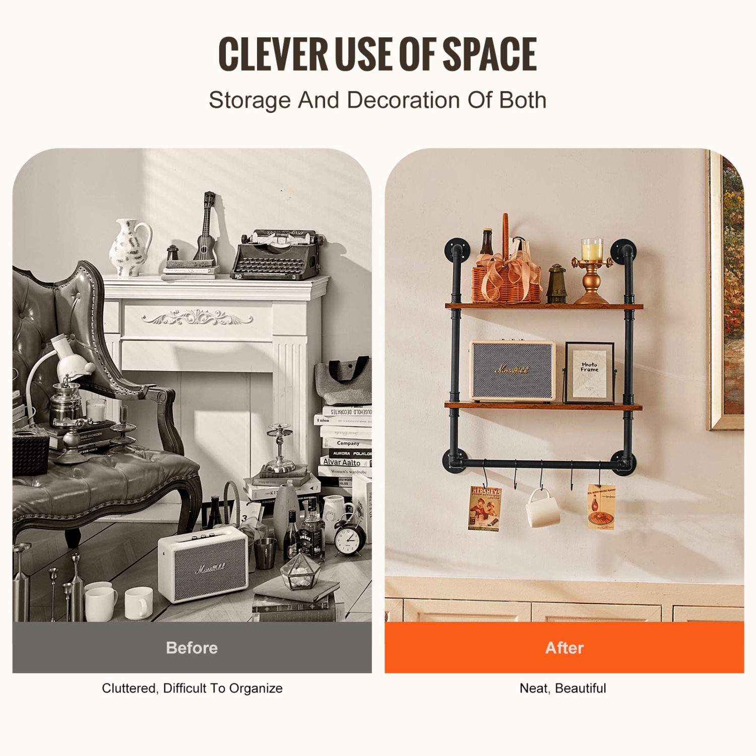 Étagère pour tuyau industriel VEVOR à 2 niveaux, 24 7,87&nbsp;po tablettes murales rustiques, étagère de rangement pour articles de salle de bain,