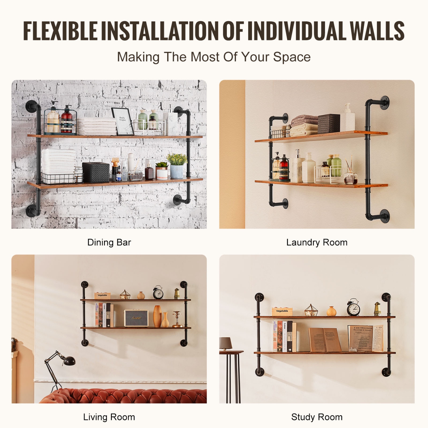 Étagère industrielle à 2 niveaux pour tuyau VEVOR, 48 9,84&nbsp;po, étagère murale flottante en bois rustique, étagère de rangement pour salle de