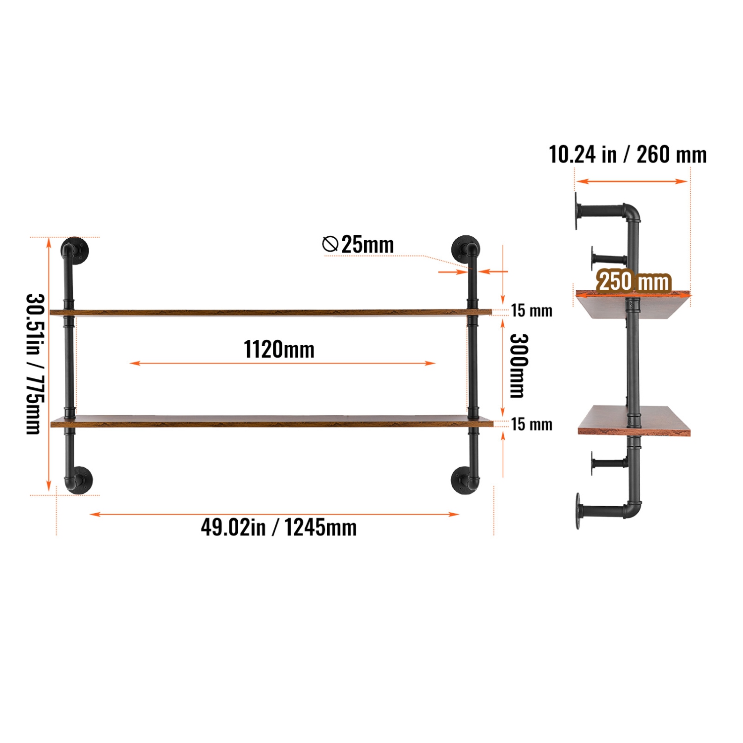 Étagère industrielle à 2 niveaux pour tuyau VEVOR, 48 9,84&nbsp;po, étagère murale flottante en bois rustique, étagère de rangement pour salle de